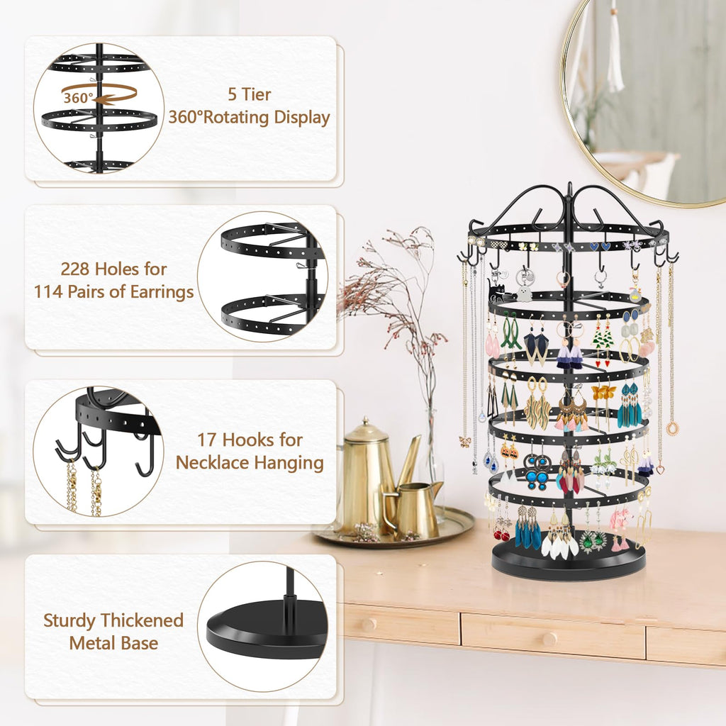 iDavosic.ly 5 Tier Earring Holder Organizer, Rotating Earring Holder Stand with 17 Hooks, Metal Adjustable Large Earring Tree Necklace Display Rack (Black)