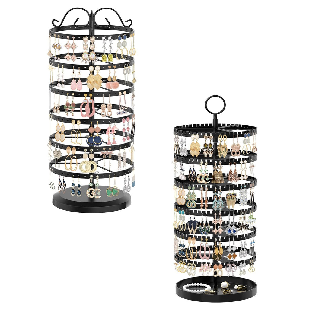 iDavosic.ly 6 Tier Rotating Earring Holder Organizer Set of 2, Metal Large Stud Storage Stand, Adjustable Plastic Dangle Display Rack Tower for Women, Black