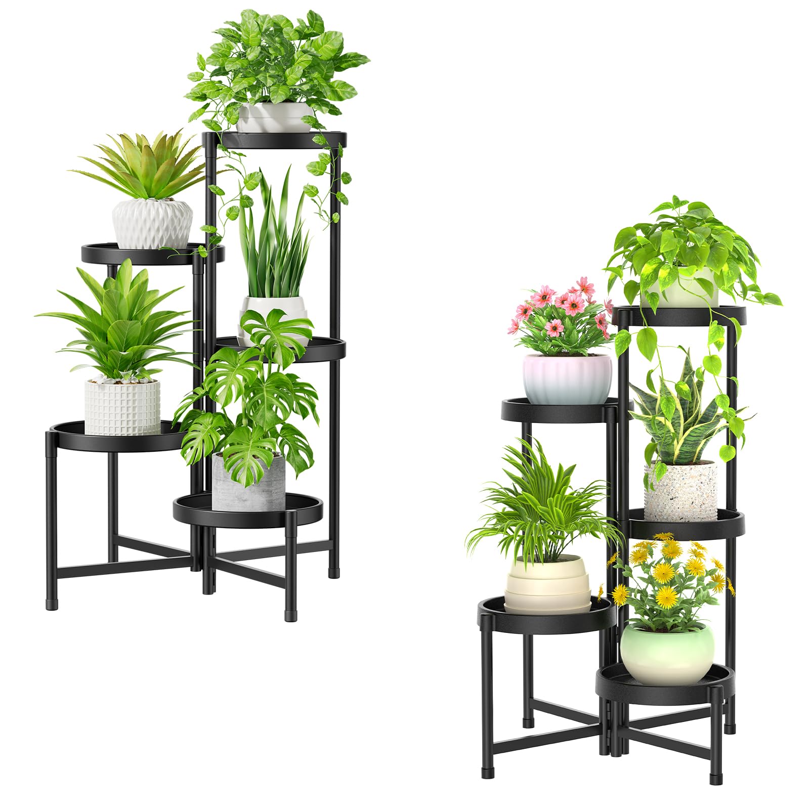 iDavosic.ly 2 Pack 5 Tier Black Foldable Plant Stand Indoor Outdoor, Large Corner Flower Pot Holders and Metal Plastic Tall Orchid Display Rack for Window Porch Garden Balcony Patio