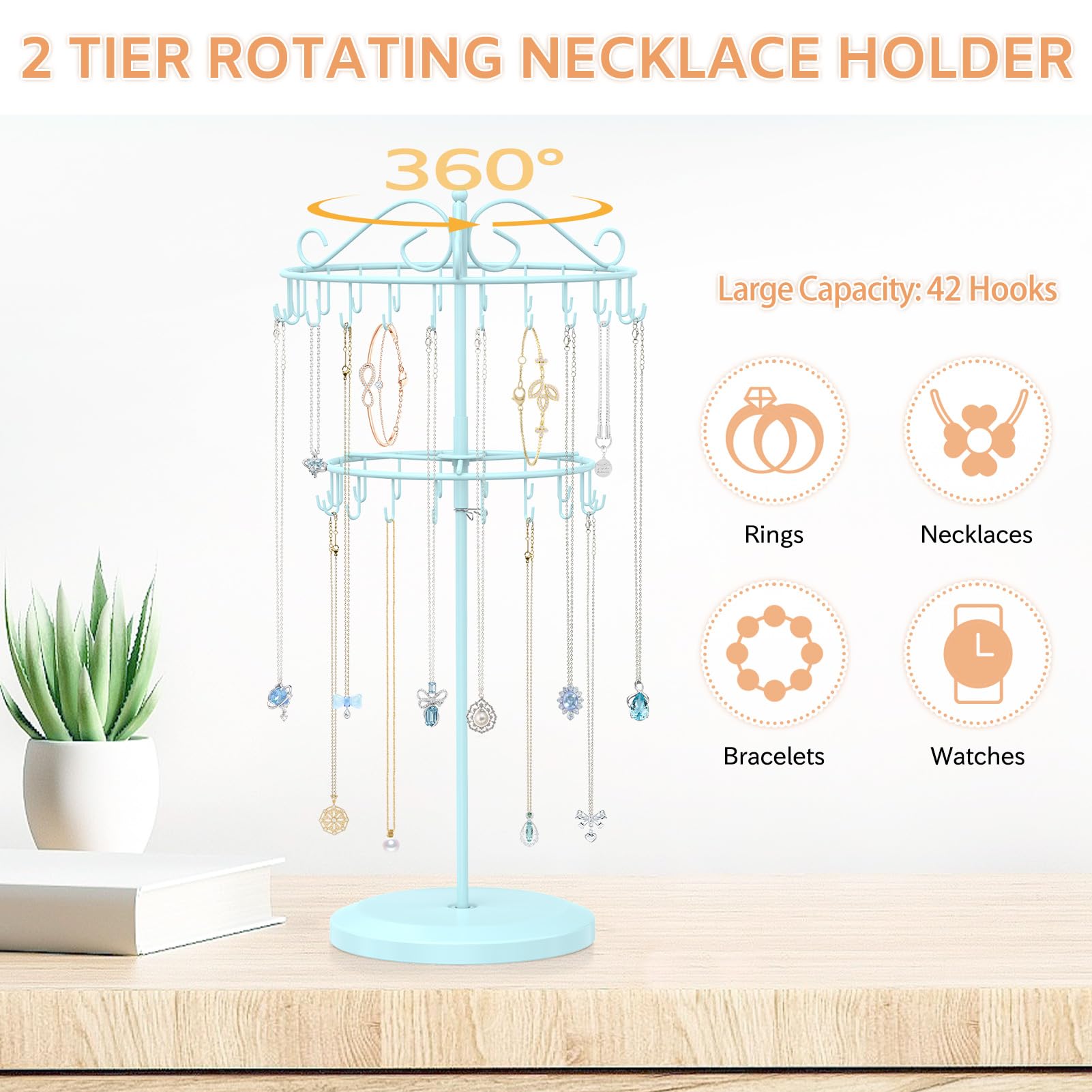 iDavosic.ly 2 Tier Rotating Necklace Holder Organizer with 42 Hooks, Adjustable Metal Bracelet Display Stand Rack, Extra Tall Keychain Spinning Tree Tower for Women, Blue