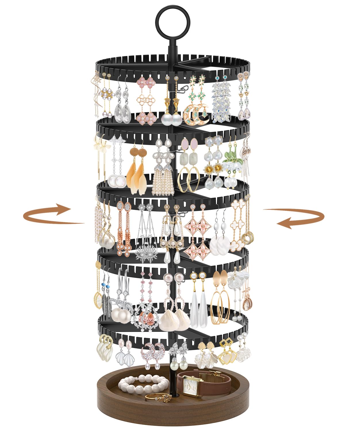 iDavosic.ly 5 Tier Rotating Earring Holder Organizer with Wooden Tray, Large Dangle Display Stands Tree with 285 Plastic Grooves, Adjustable Hoop Storage Rack, Space Saving Tower, Black & Brown