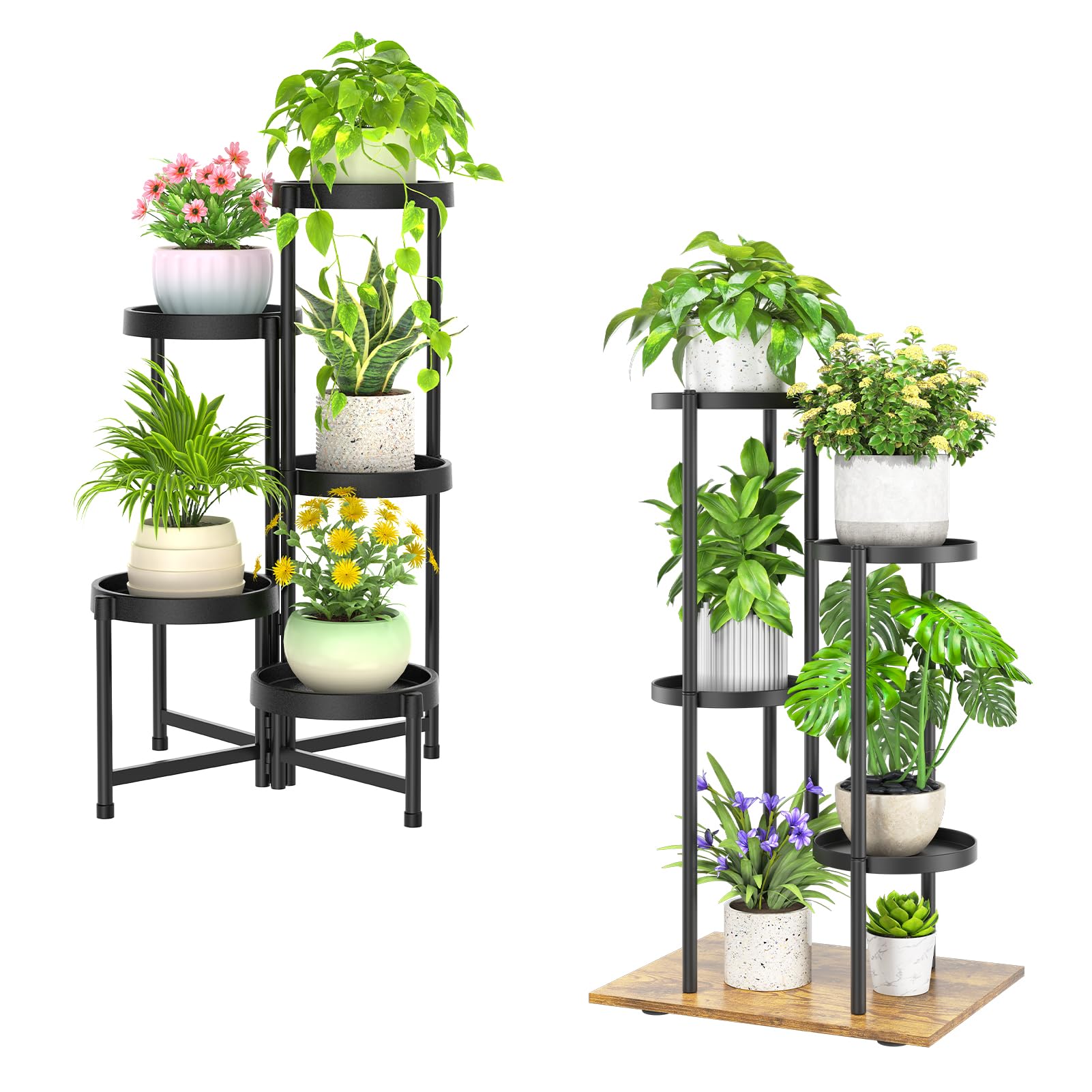 iDavosic.ly Plant Stand for Indoor Outdoor Set of 2, 5 Tier Folding Flower Holder Shelf and 4 Layer Metal Tall Corner Orchid Display Rack for House Patio Balcony Garden Living Room Porch, Black