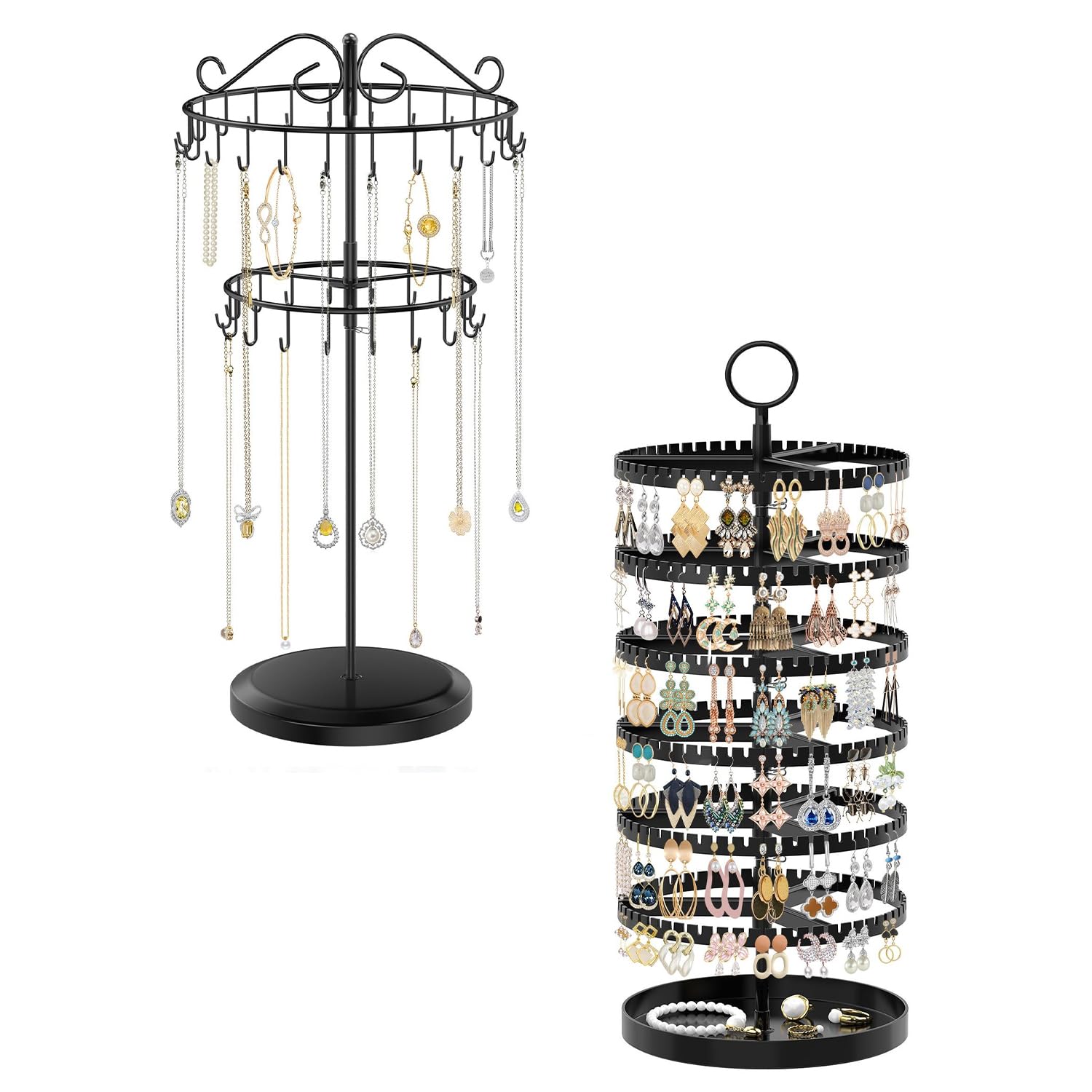 iDavosic.ly 2 Tier Metal Rotating Necklace Holder Organizer and 5 Layer Plastic Adjustable Earring Display Stand Rack, Extra Tall Bracelet Keychain Spinning Tree Tower for Women, Black