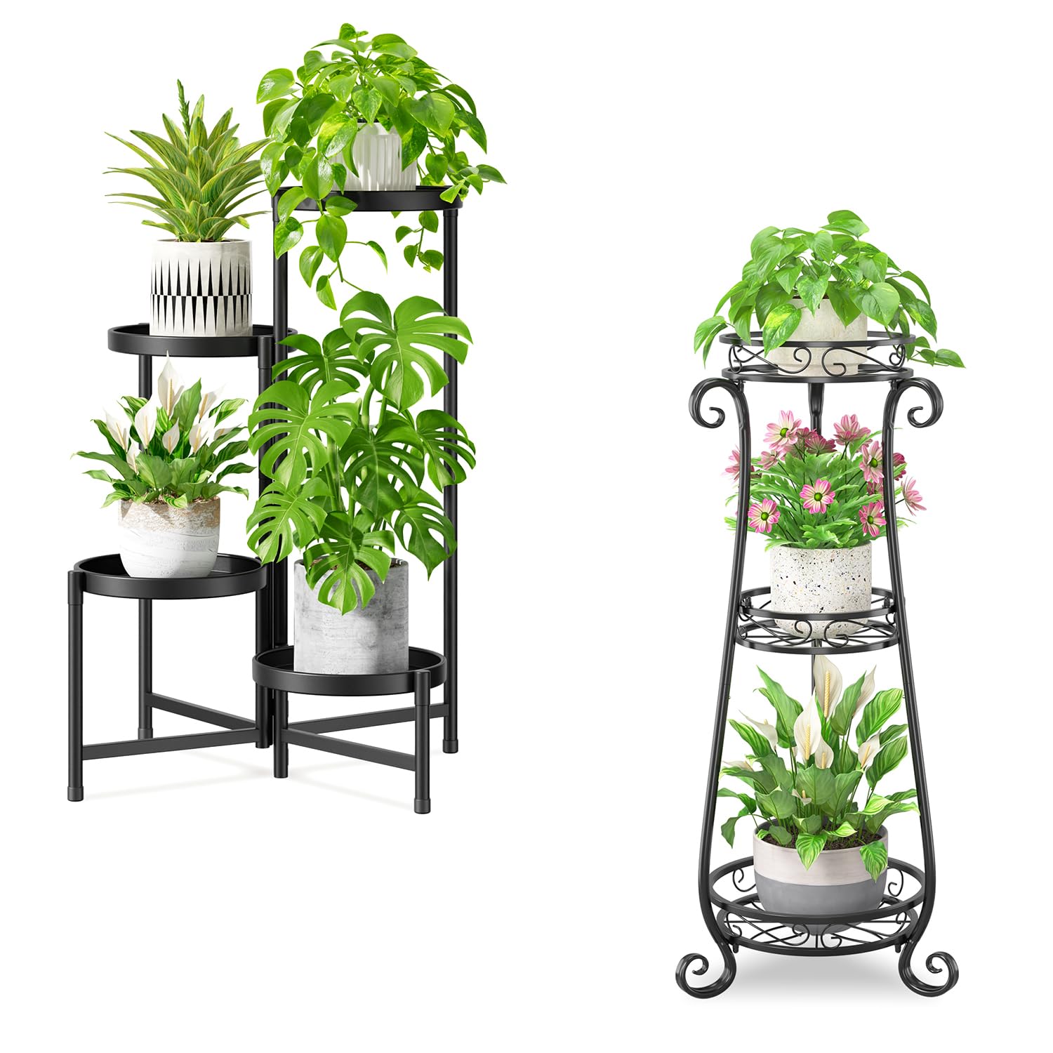 iDavosic.ly Metal Plant Stand for Indoor Outdoor Set of 2, 4 Tier Large Corner Folding Flower Pot Holder Shelf and 3 Layer Tall Vertical Display Rack for Patio Porch Living Room Garden, Black