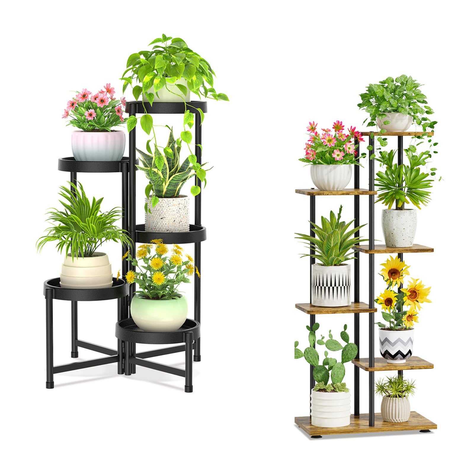 iDavosic.ly Plant Stand Indoor Outdoor Set of 2，5 Tier Folding Corner Flower Holder Shelf and 5 Layer Metal Wood Multiple Orchid Display Rack for Patio Porch Living Room Balcony Outdoor