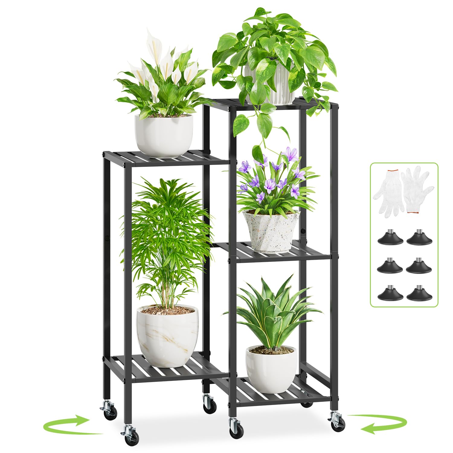 iDavosic.ly Plant Stand Indoor Outdoor Set of 2,5 Tier Metal Flower Holder Shelf with Wheels and 5 Layer Tall Orchid Display Rack for Patio Porch Living Room Balcony Outdoor