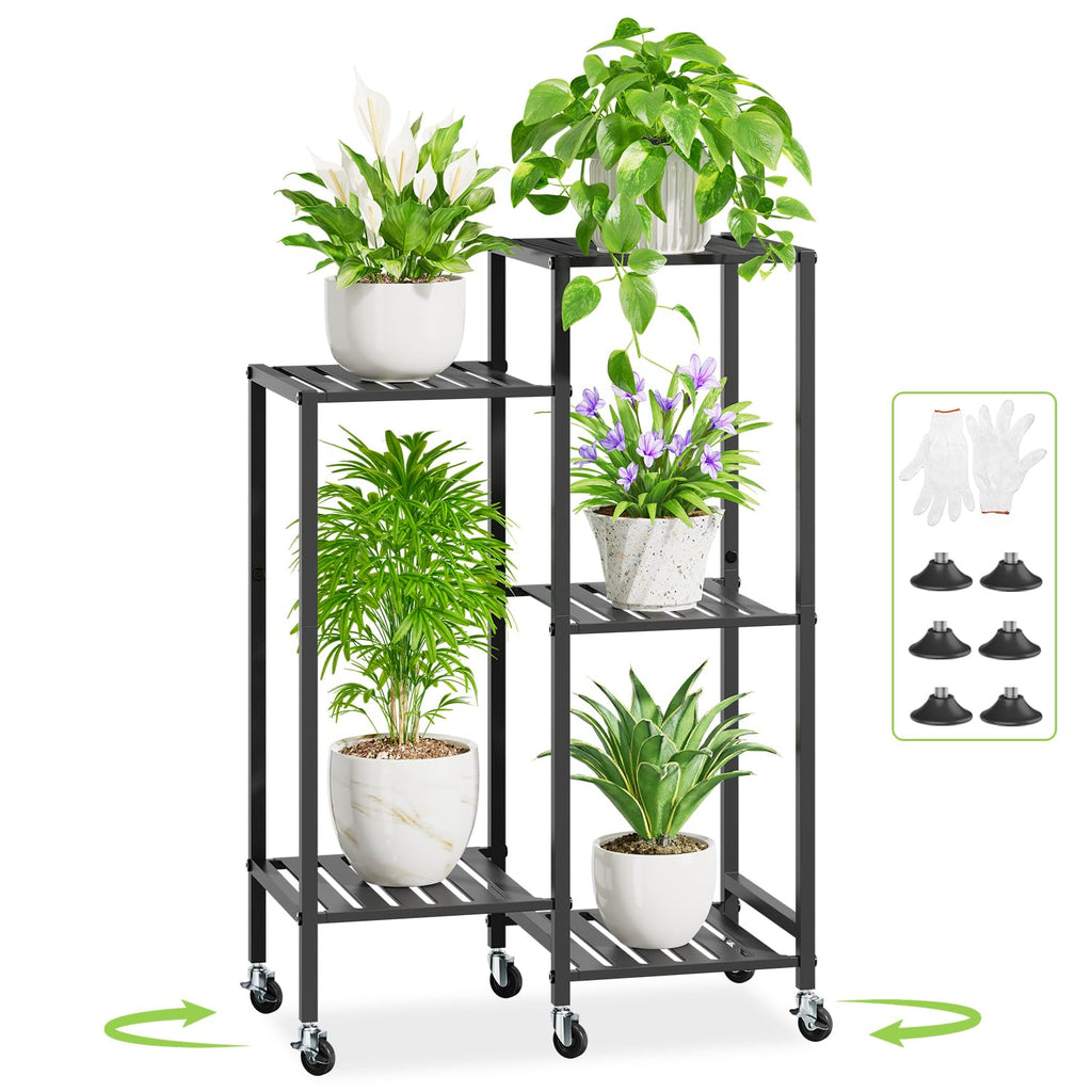 iDavosic.ly Plant Stand Indoor Outdoor Set of 2,5 Tier Metal Flower Holder Shelf with Wheels and 5 Layer Tall Orchid Display Rack for Patio Porch Living Room Balcony Outdoor