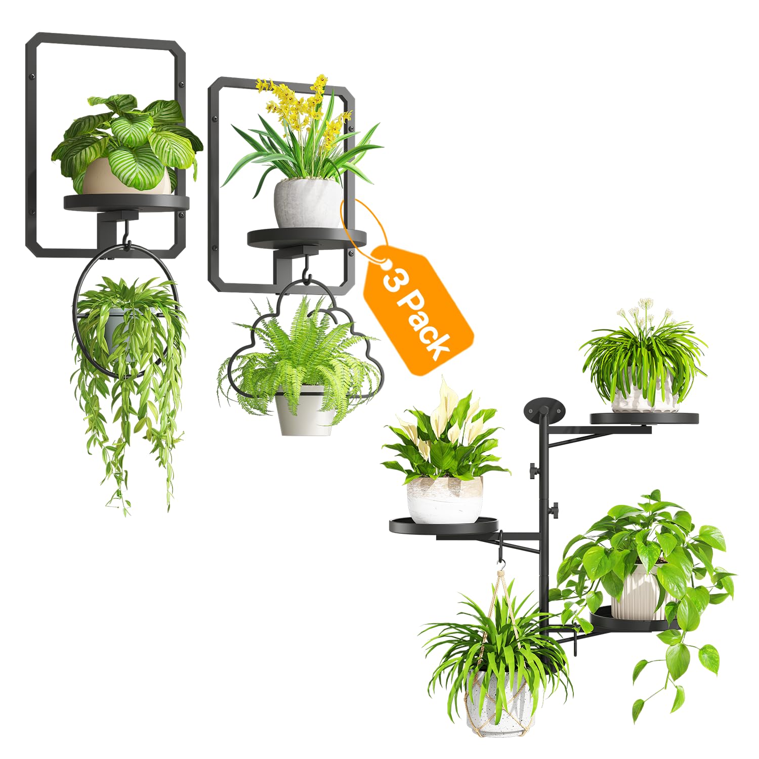 iDavosic.ly Wall Plant Holder Set of 3, Rotating Window Plant Shelves, 3-Tier Metal Stand with Hooks, Floating Display for Indoor Plants, Picture Frames, Decor, Black (Pots/Chains/Plants Not Included)