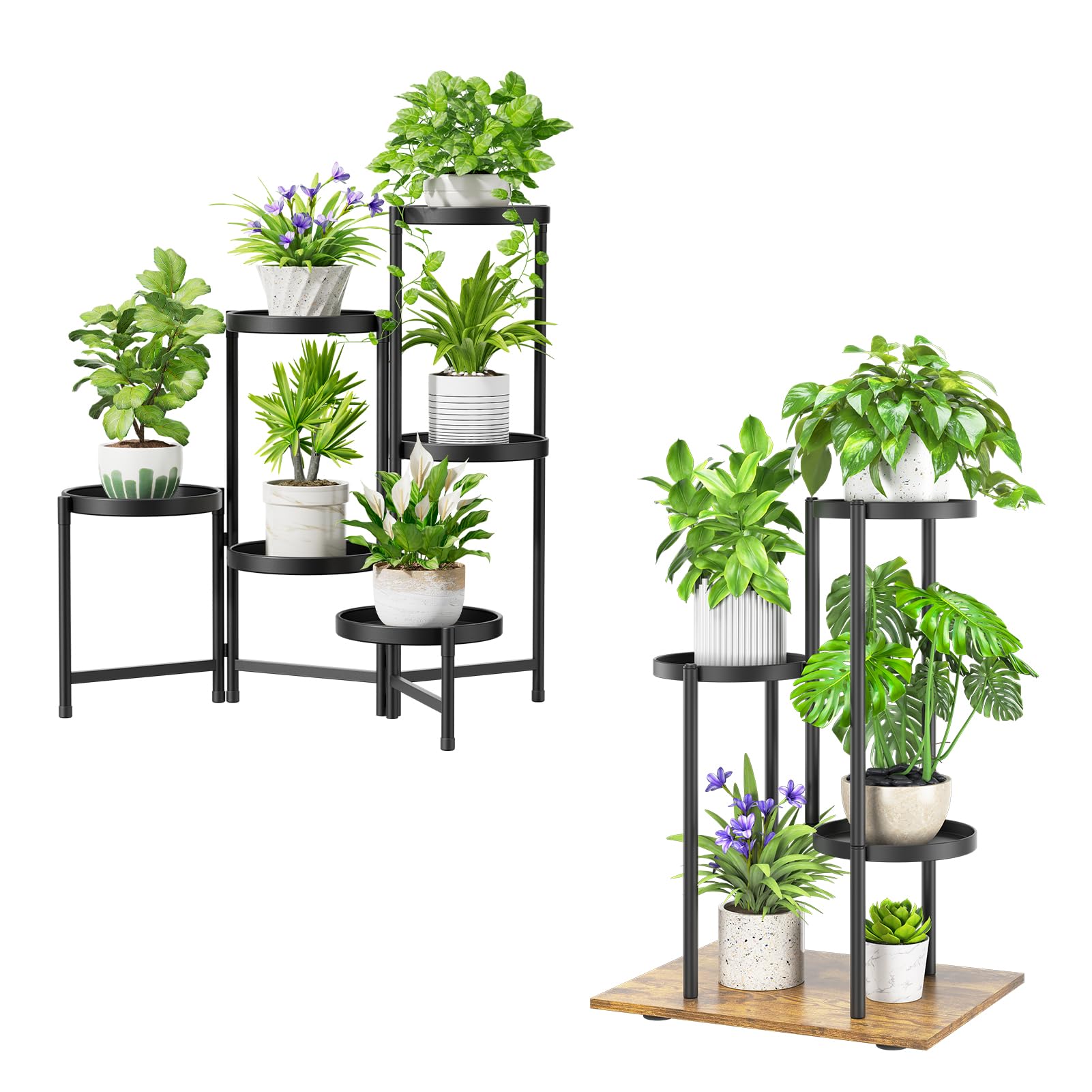 iDavosic.ly Plant Stand for Indoor Outdoor Set of 2, 6 Tier Large Metal Folding Flower Display Holder Shelf and 3 Layer Tall Corner Orchid Rack for House Patio Balcony Garden Living Room Porch, Black