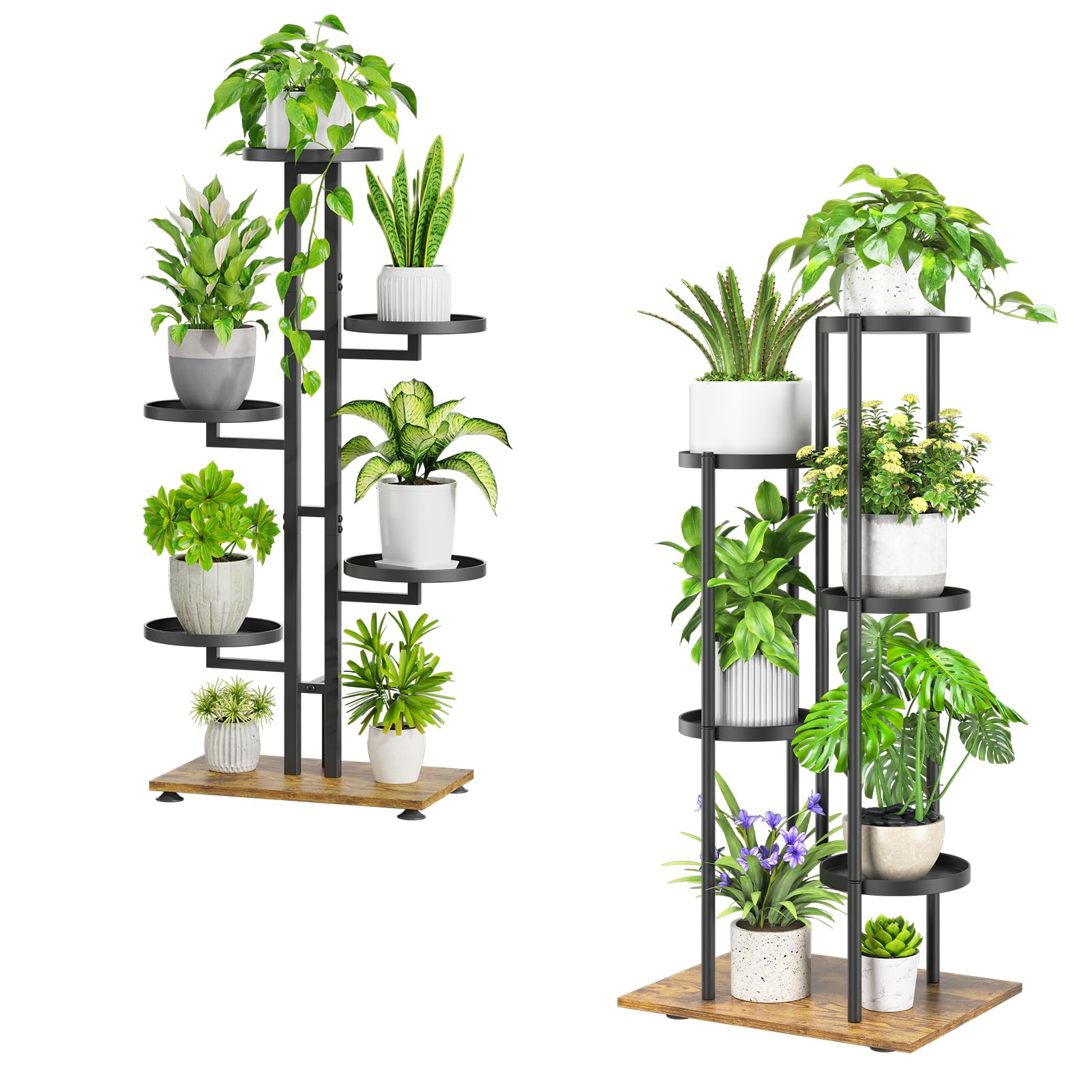 iDavosic.ly Plant Stand for Indoor Outdoor Set of 2, 6 Tier Metal Flower Pot Display Holder Shelf and 5 Layer Tall Corner Orchid Rack for House Patio Balcony Garden Living Room Porch, Black