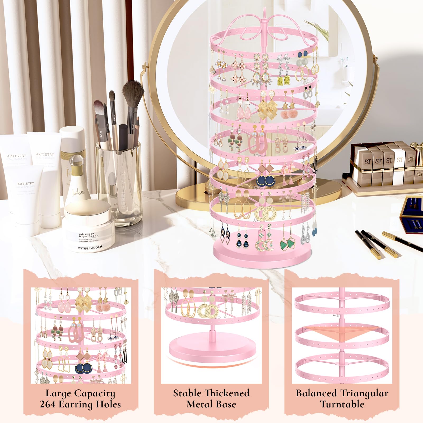 iDavosic.ly 6 Tier Metal Rotating Earring Holder Organizer, 264 Holes Large Stud Storage Display Stands Tree Rack, Adjustable Pierced Hoop Dangle Tower for Women, Pink