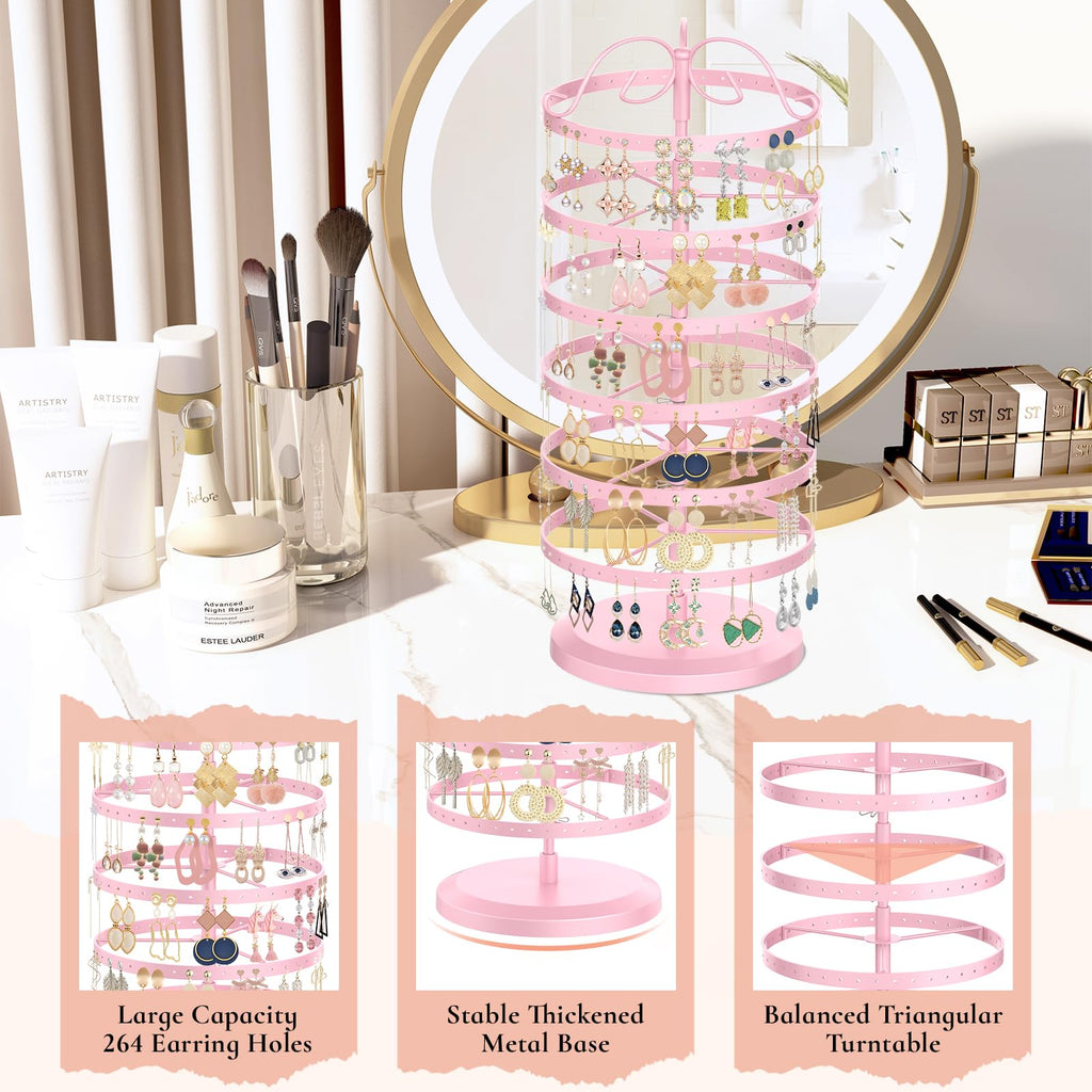 iDavosic.ly 6 Tier Metal Rotating Earring Holder Organizer, 264 Holes Large Stud Storage Display Stands Tree Rack, Adjustable Pierced Hoop Dangle Tower for Women, Pink