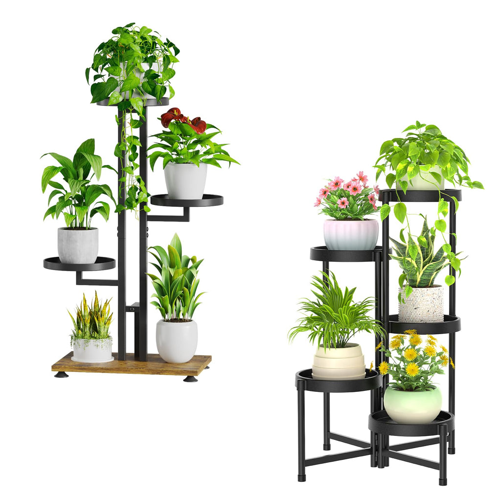 iDavosic.ly 2 Pack Plant Stand Indoor Outdoor, 4 Tier Metal Tall Corner Shelf and 5 Laye Foldable Plastic Flower Pot Display Holder Rack for Patio Living Room Garden Balcony Bedroom, Black