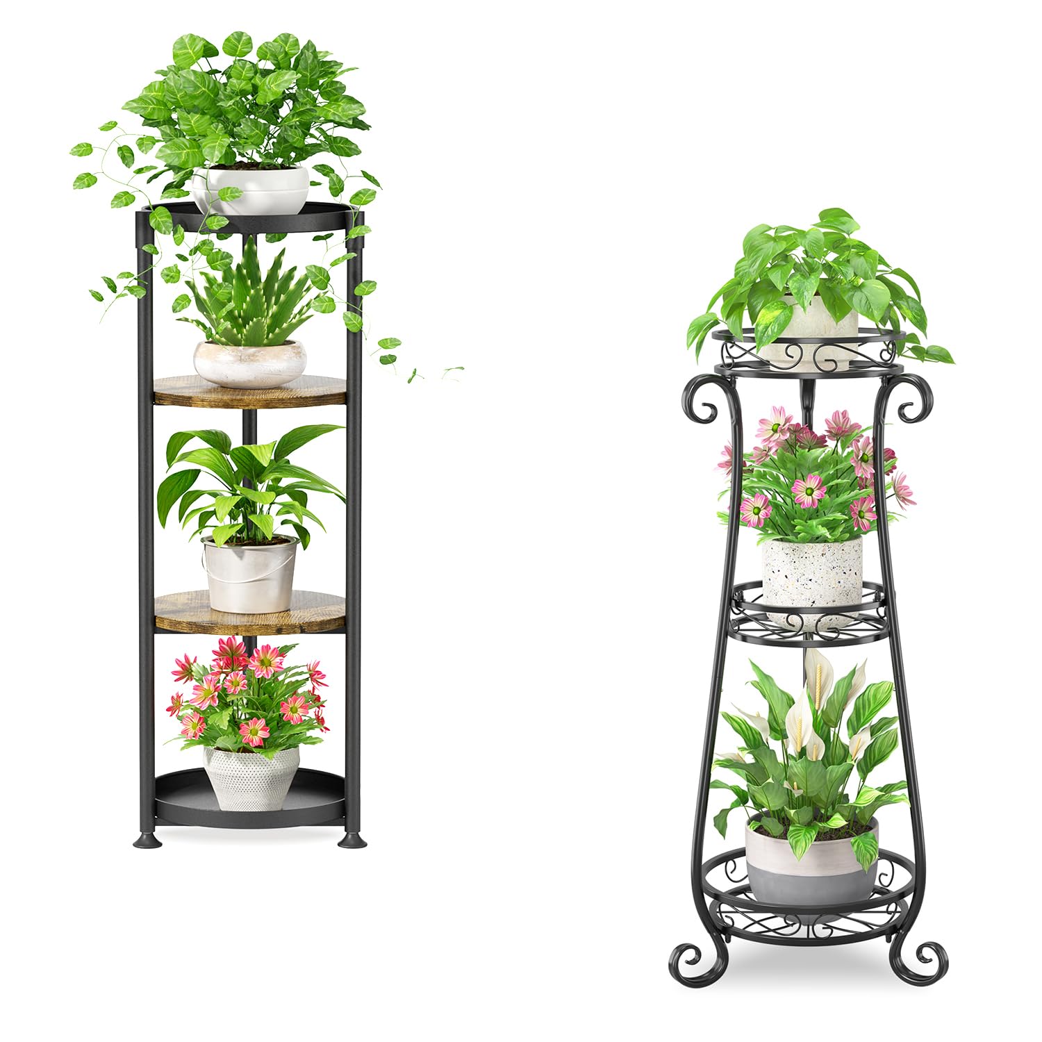 iDavosic.ly Metal Plant Stand Indoor Outdoor Set of 2, 3 Tiered Corner Flower Holder Shelf and 4 Layer Tall Vertical Heavy Duty Display Rack for Patio Porch Living Room, Modern Black & Rustic Brown