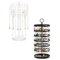 iDavosic.ly 2 Tier Metal Rotating Necklace Holder Organizer and 5 Layer Plastic Adjustable Earring Display Stand Rack with Iron Tray, Bracelet Keychain Spinning Tree Tower for Women Girl, White Black
