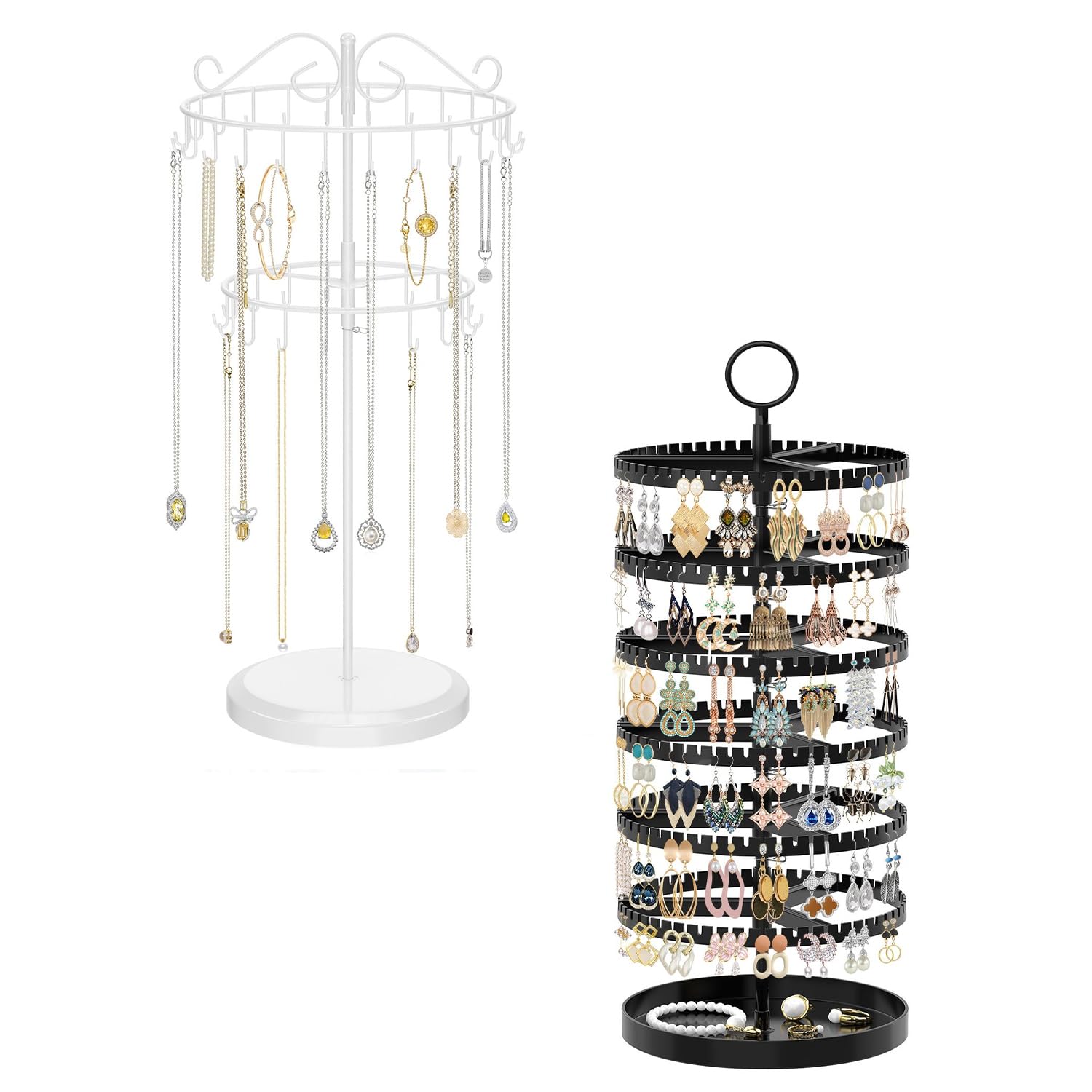 iDavosic.ly 2 Tier Metal Rotating Necklace Holder Organizer and 5 Layer Plastic Adjustable Earring Display Stand Rack with Iron Tray, Bracelet Keychain Spinning Tree Tower for Women Girl, White Black