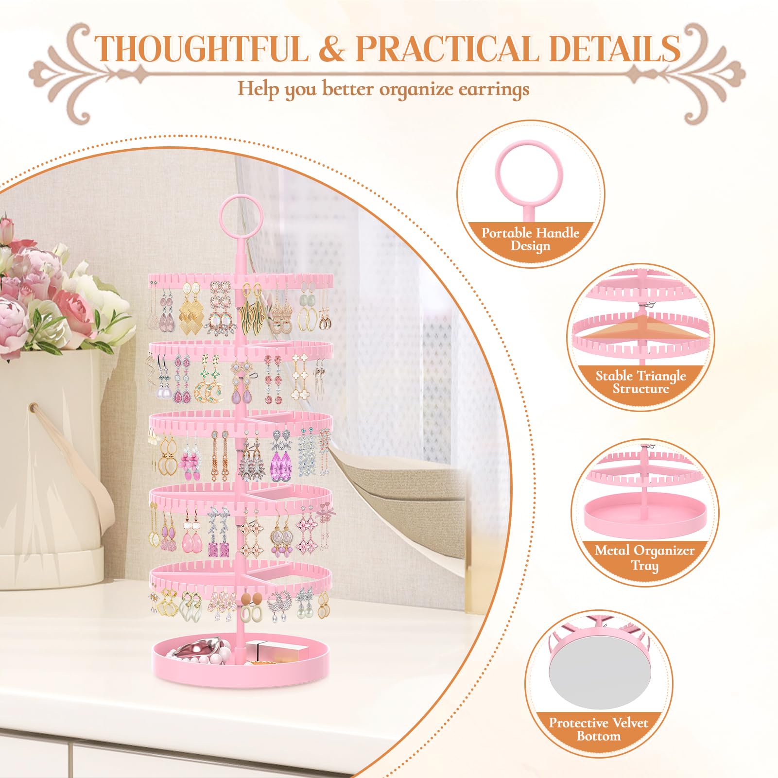 iDavosic.ly 5 Tier Rotating Earring Holder Organizer with Metal Tray, Adjustable Plastic Dangle Display Stands Tree with 285 Grooves, Large Hoop Storage Rack Tower, Pink