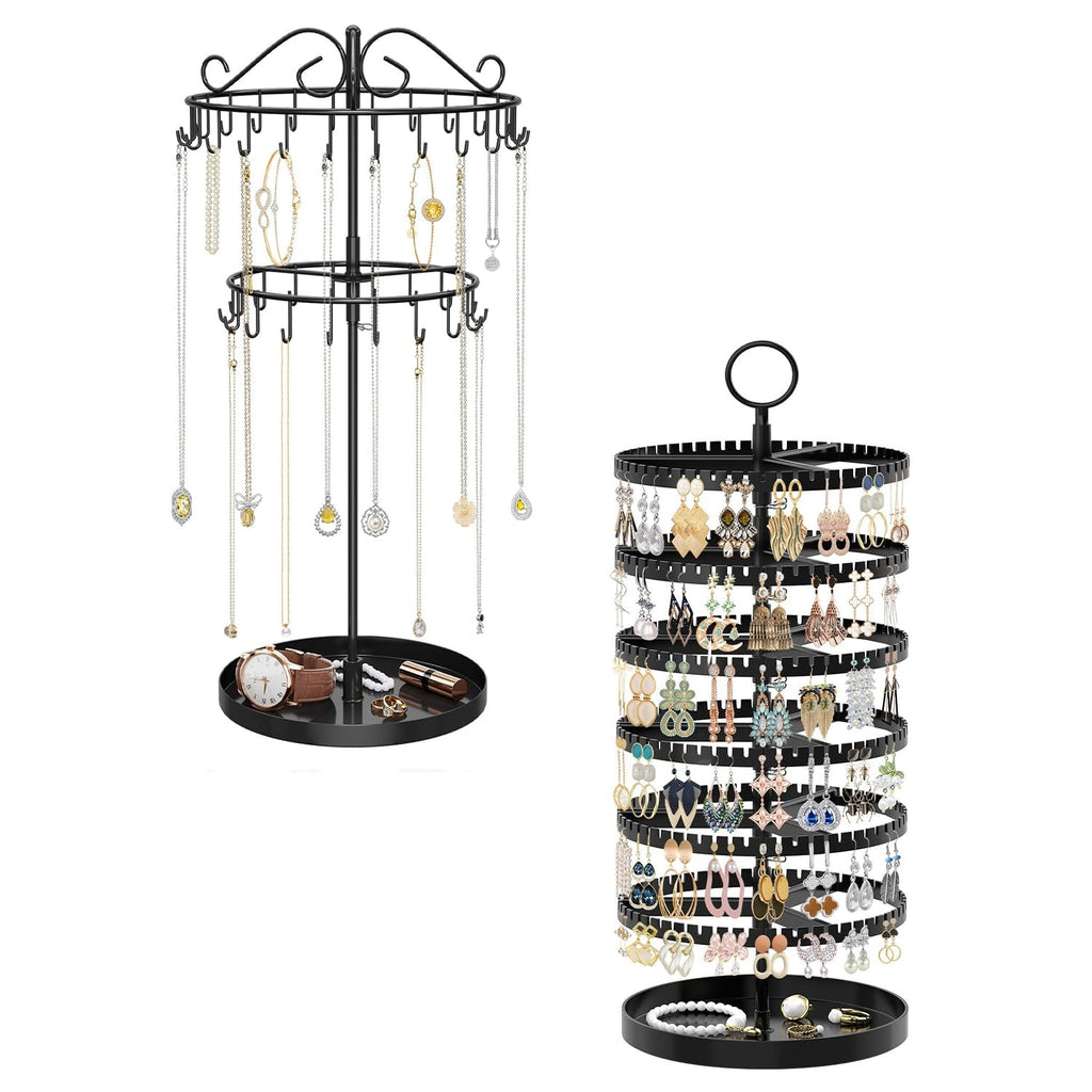iDavosic.ly 2 Tier Metal Rotating Necklace Holder Organizer and 5 Layer Plastic Adjustable Earring Display Stand Rack, Extra Tall Bracelet Keychain Spinning Tree Tower for Women, Black