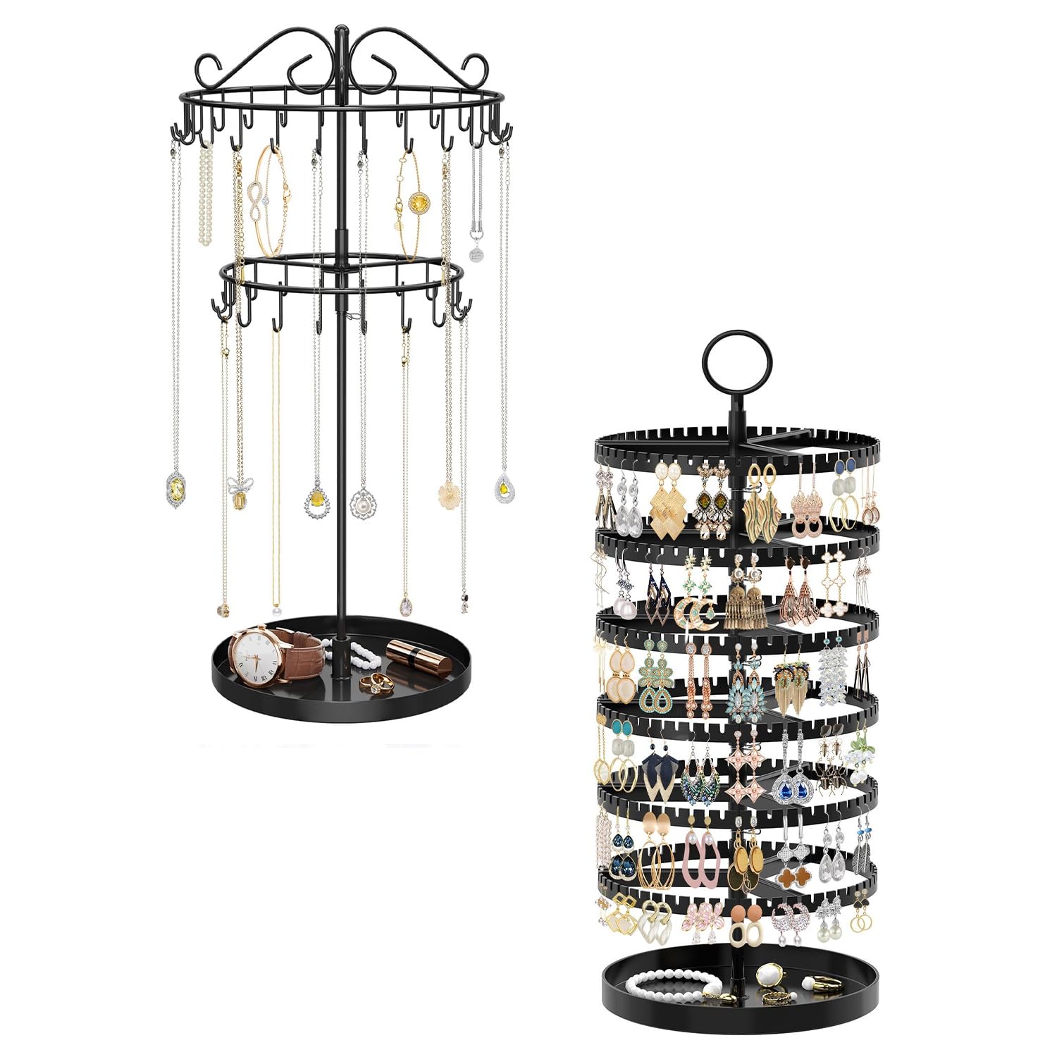 iDavosic.ly 2 Tier Metal Rotating Necklace Holder Organizer and 5 Layer Plastic Adjustable Earring Display Stand Rack, Extra Tall Bracelet Keychain Spinning Tree Tower for Women, Black