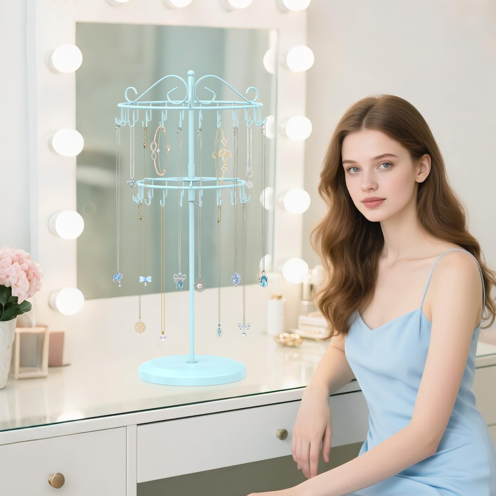 iDavosic.ly 2 Tier Rotating Necklace Holder Organizer with 42 Hooks, Adjustable Metal Bracelet Display Stand Rack, Extra Tall Keychain Spinning Tree Tower for Women, Blue