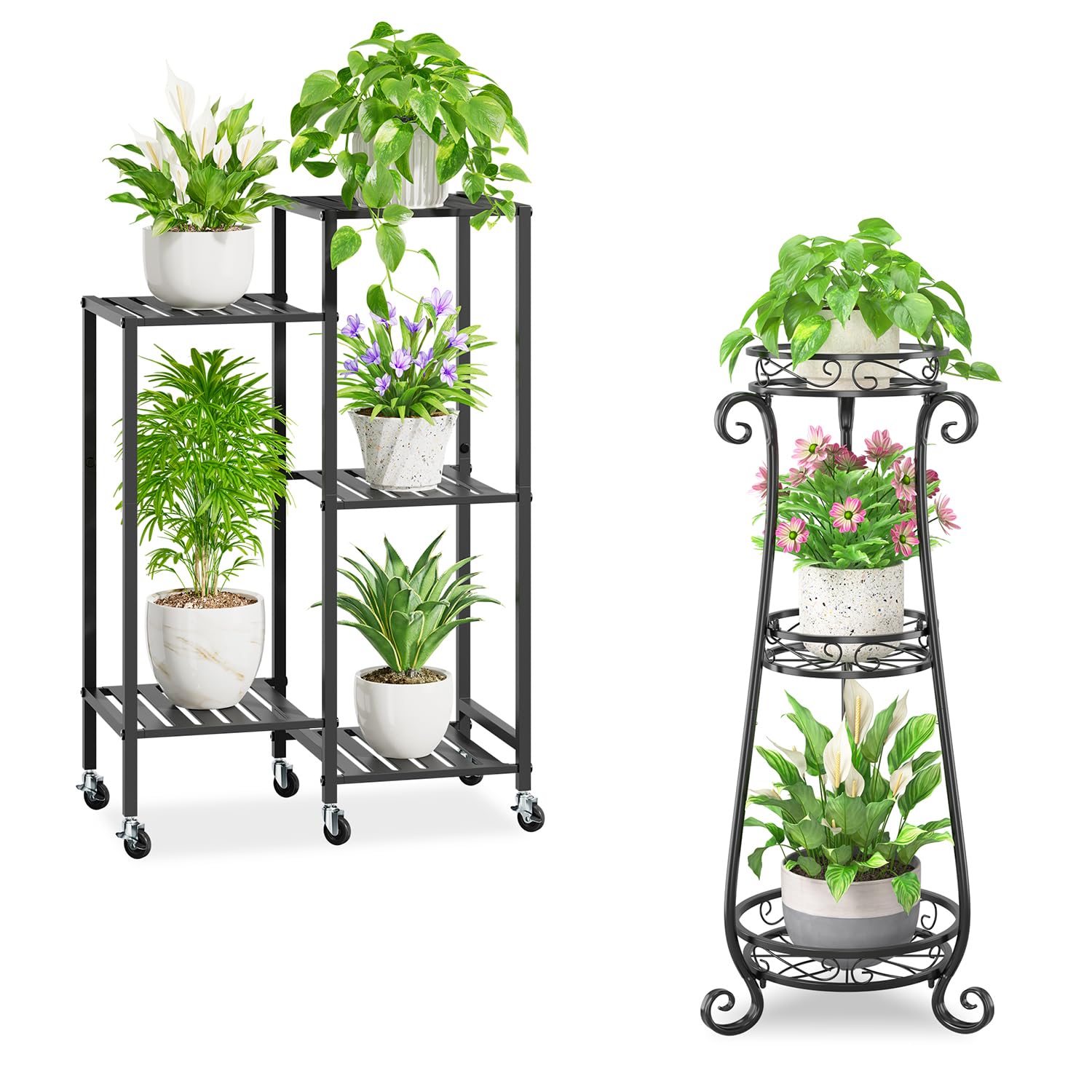 iDavosic.ly Metal Plant Stand Indoor Outdoor Set of 2, 3 Tiered Corner Flower Holder Shelf and 5 Layer Vertical Rolling Rack for Large Pots Modern Black