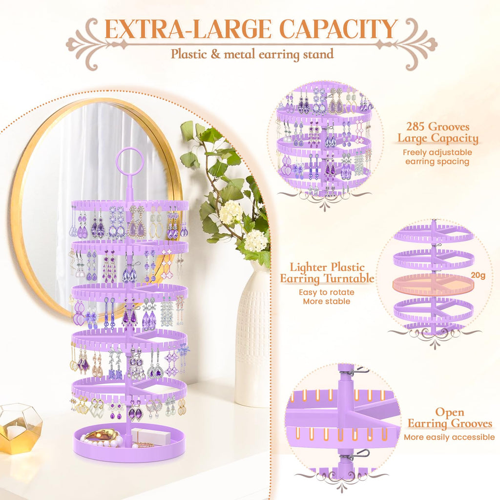 iDavosic.ly 5 Tier Rotating Earring Holder Organizer with Metal Tray, Adjustable Plastic Dangle Display Stands Tree with 285 Grooves, Large Hoop Storage Rack Tower, Purple