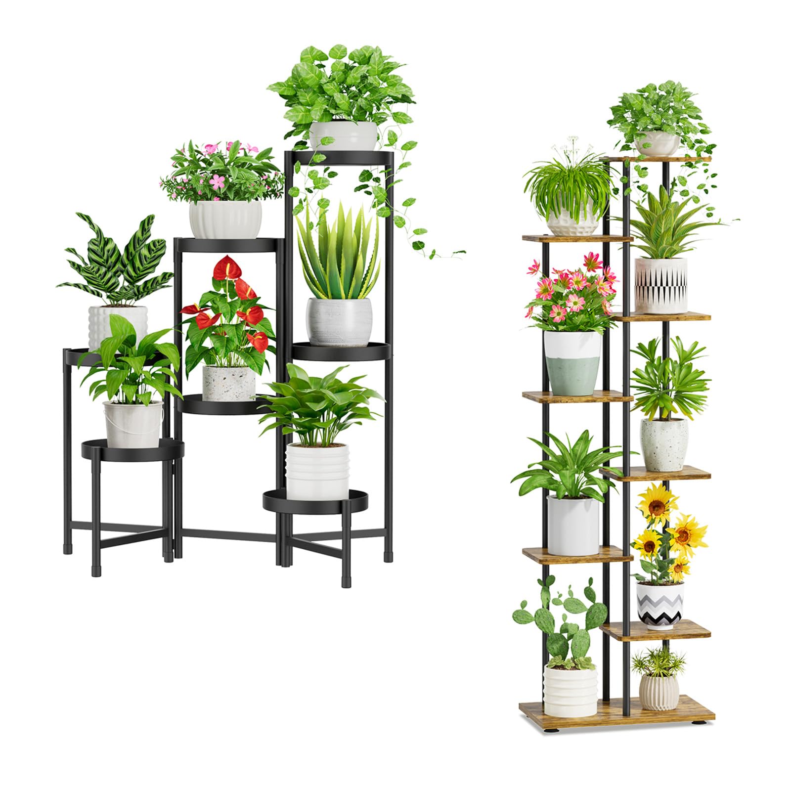 iDavosic.ly 7 Tier Plant Stand Indoor Outdoor Set of 2, Foldable 32 Inch Tall Flower Pot Holder Shelf and Metal Wood Corner Orchid Display Rack for Patio Porch Living Room Garden Balcony, Black