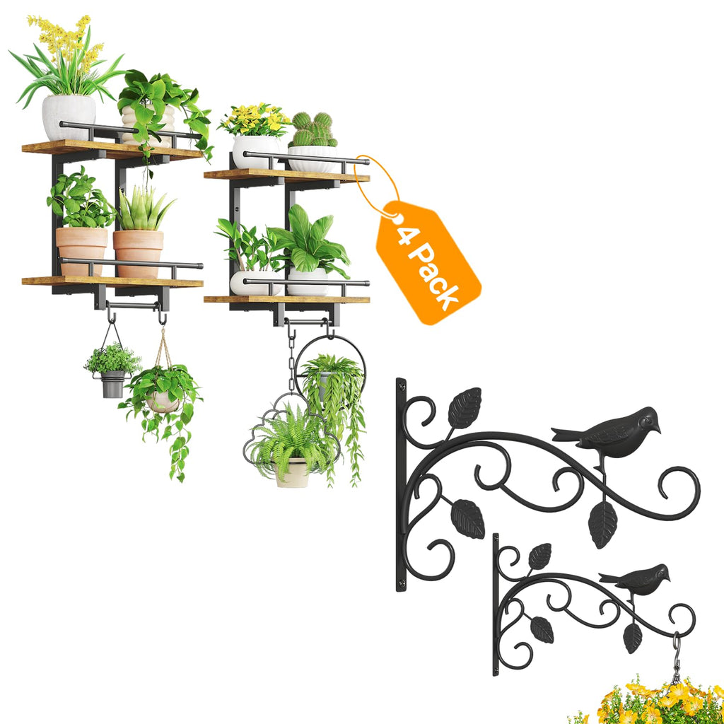 iDavosic.ly Wall Plant Floating Shelves Set of 4, 12 Inch Heavy Duty Plant Hangers, Metal Display Stand Indoor Outdoor Hanging Brackets for Garden, Patio, Space Saving (Pots/Chains Not Included)