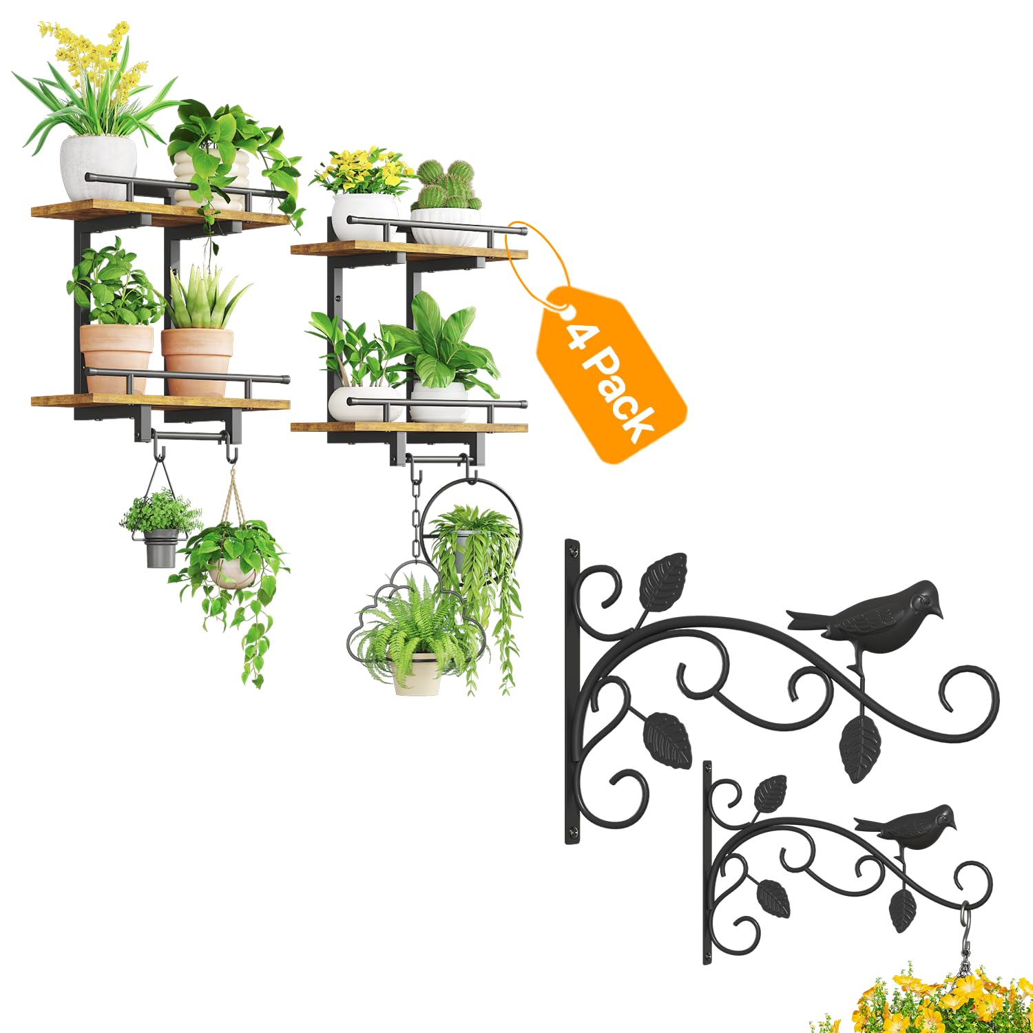 iDavosic.ly Wall Plant Floating Shelves Set of 4, 12 Inch Heavy Duty Plant Hangers, Metal Display Stand Indoor Outdoor Hanging Brackets for Garden, Patio, Space Saving (Pots/Chains Not Included)
