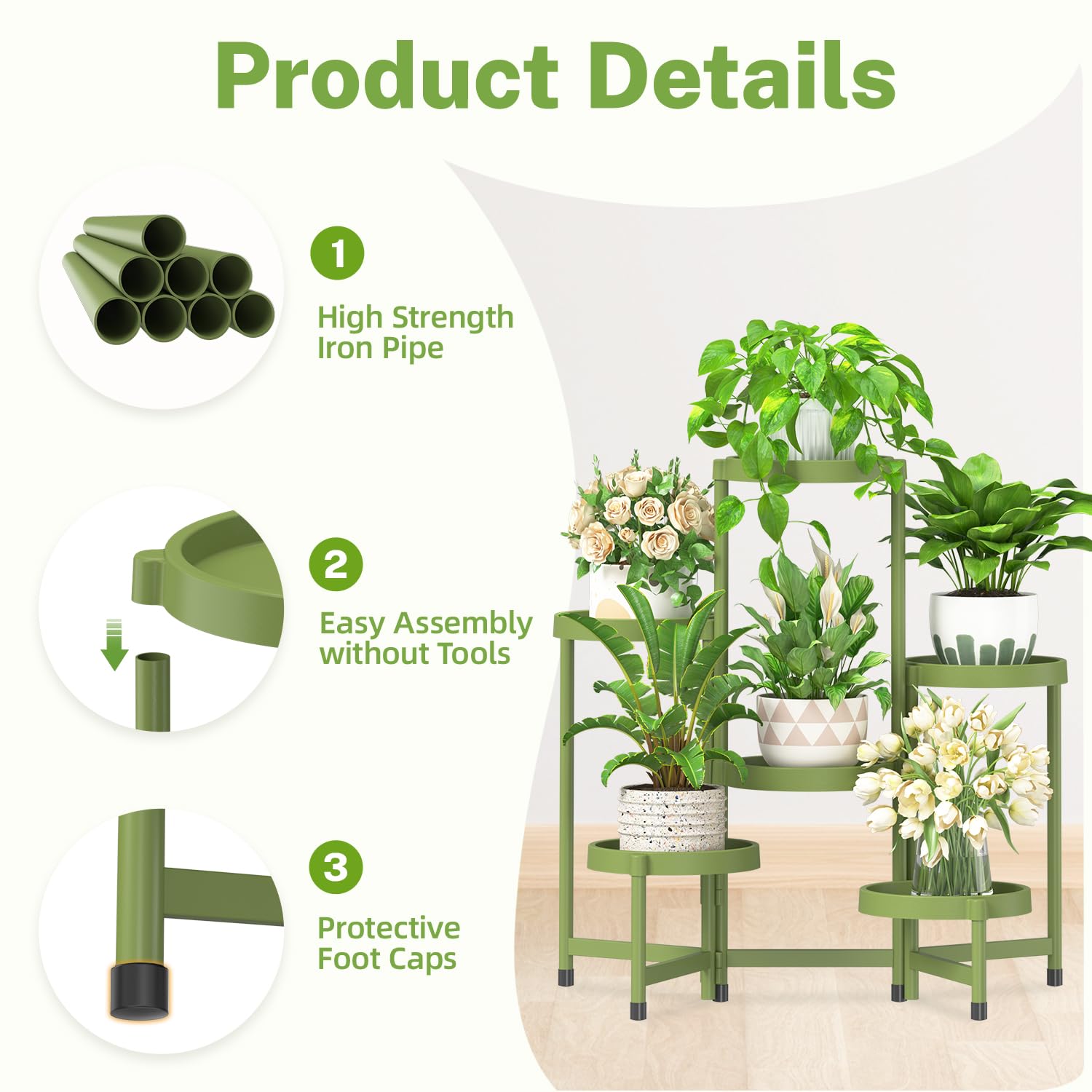 iDavosic.ly 6 Tier Folding Plant Stand Indoor Outdoor with Plastic Tray, Tiered Corner Flower Holder Shelf, Metal Orchid Display Rack for Patio Porch Living Room Garden Balcony, Green