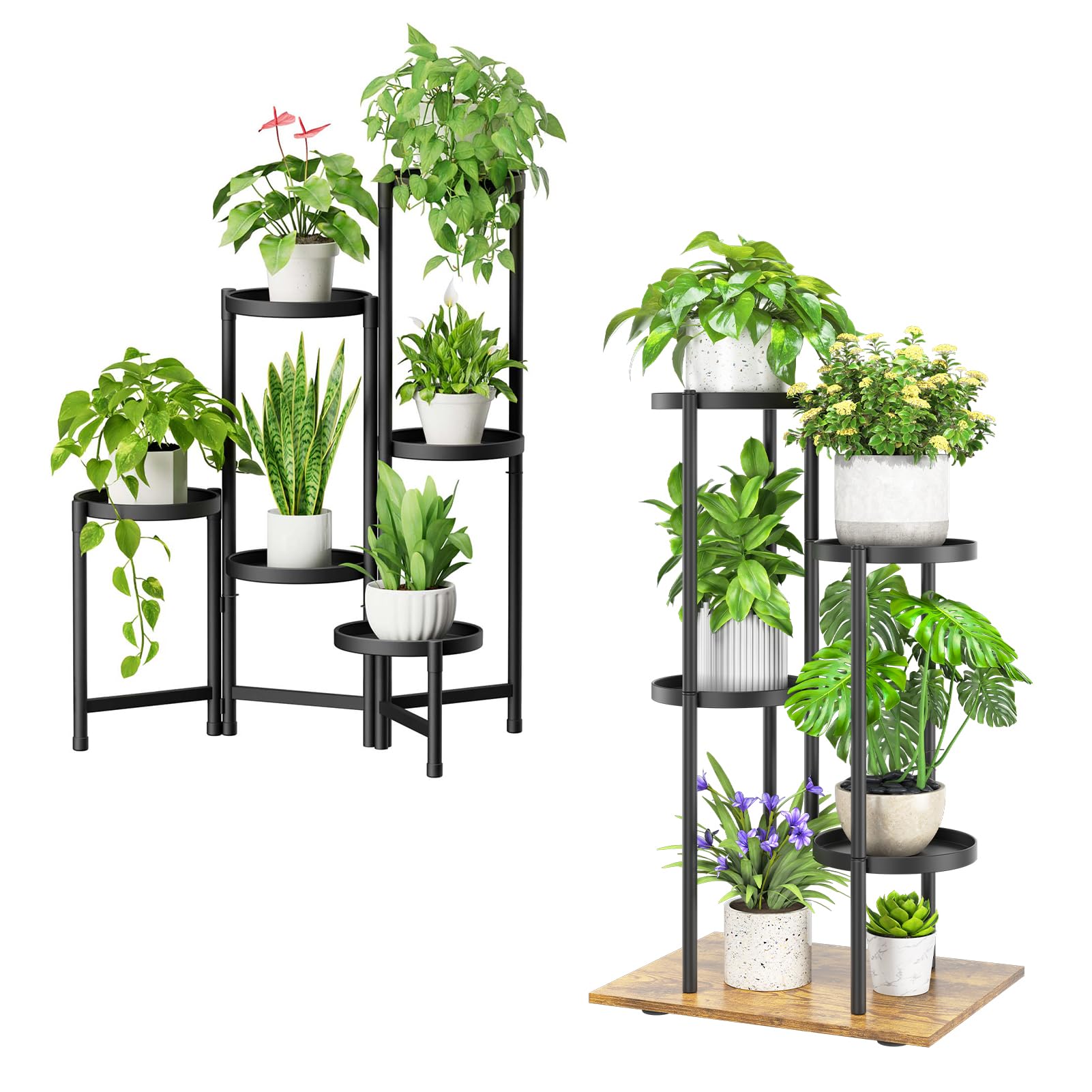 iDavosic.ly Plant Stand for Indoor Outdoor Set of 2, 6 Tier Metal Folding Flower Display Holder Shelf and 4 Layer Tall Corner Orchid Rack for House Patio Balcony Garden Living Room Porch, Black