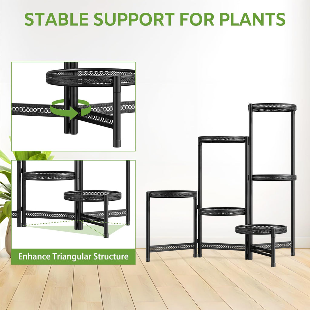 iDavosic.ly Metal Plant Stand for Indoor Outdoor Set of 2, 6 Tier Large Foldable Iron Carving Flower Pot Holder Shelf and 3 Layer Tall Vertical Display Rack for Patio Porch Living Room Garden, Black