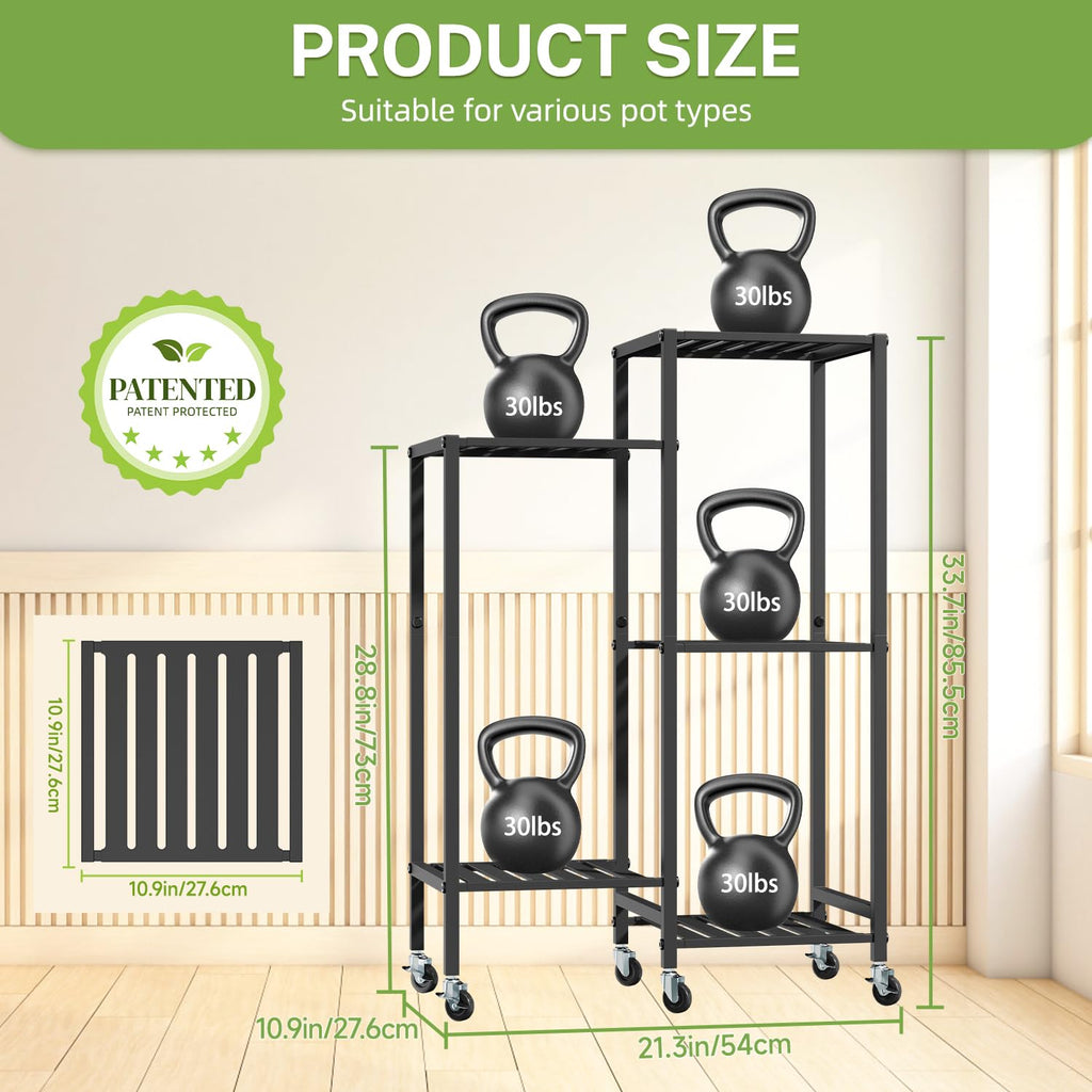 iDavosic.ly 5 Tier Plant Stand for Indoor Outdoor 2 Pack, Flower Holder Shelf with Wheels and Metal Plastic Tall Orchid Display Rack for Patio Porch Living Room Garden Balcony, Black
