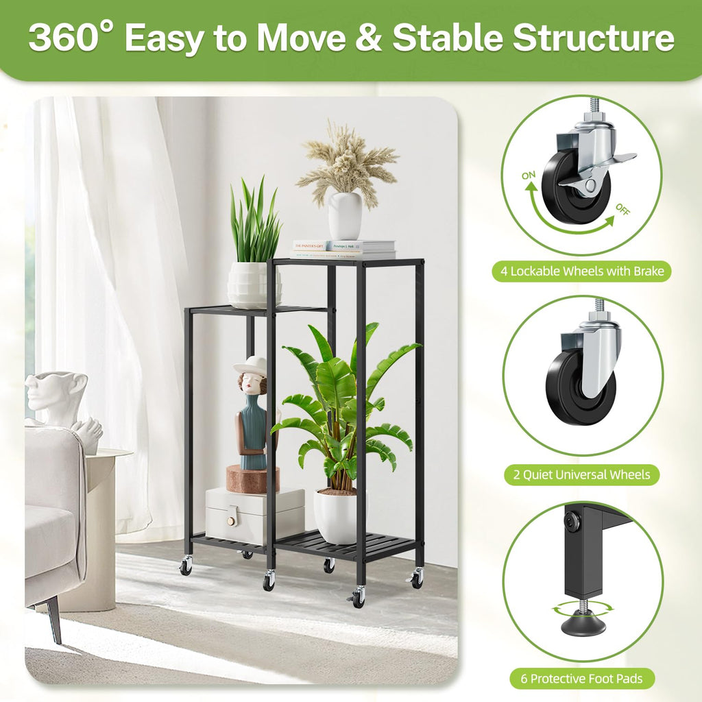 iDavosic.ly 2 Pack Plant Stand Indoor Outdoor, 4 Tier 33 Inch Tall Flower Pot Holder Shelf with Wheels and 5 Layer Foldable Metal Plastic Orchid Display Rack for Patio Garden Window Balcony, Black