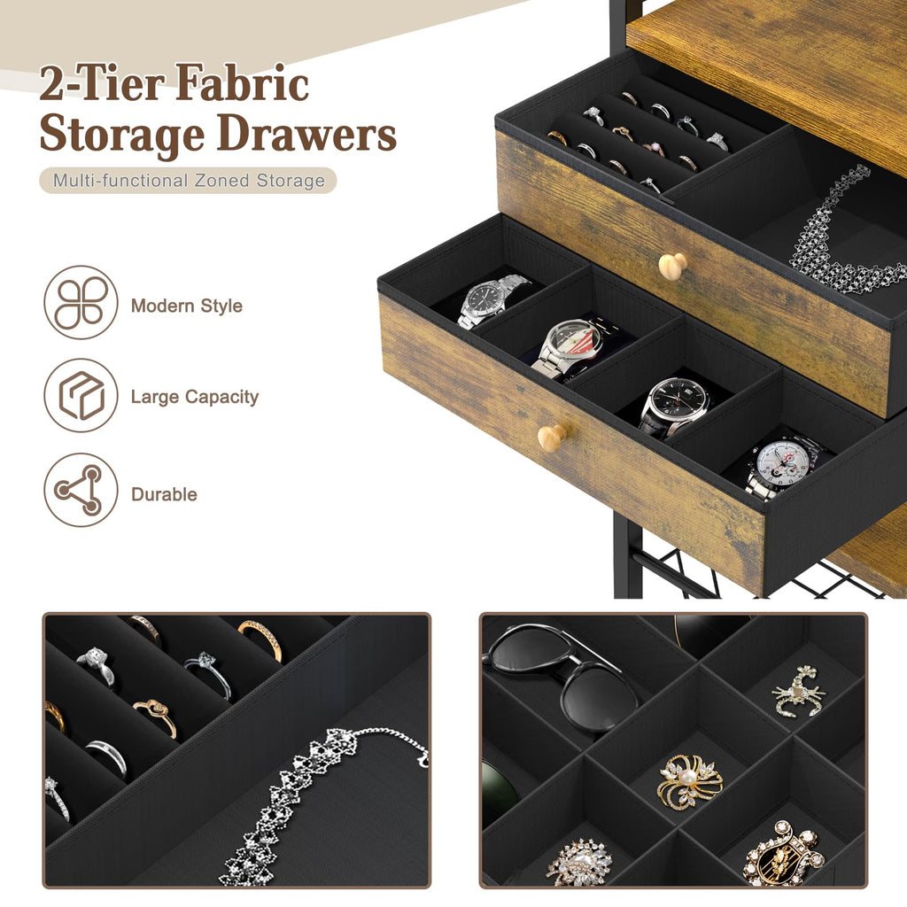 iDavosic.ly Large Jewelry Holder Organizer with 2 Box Drawer, Metal Earring Stand with 2 Storage Basket, Necklace Bracelet Ring Display Armoire, Black and Brown