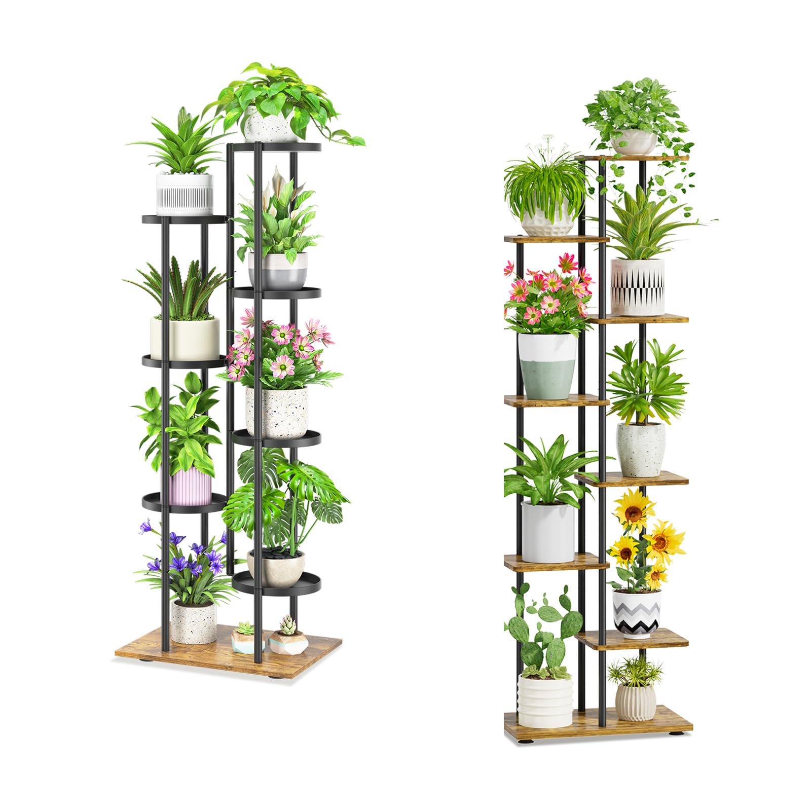 iDavosic.ly 7 Tier Plant Stand Indoor Outdoor Set of 2, Metal Wood Corner Flower Pot Holder Shelf and 58 Inch Tall Orchid Display Rack for Patio Porch Living Room Balcony, Modern Black & Rustic Brown
