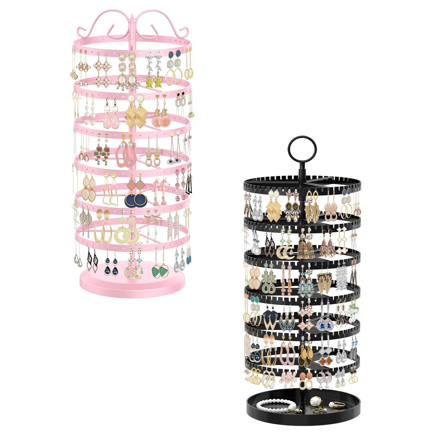 iDavosic.ly 6 Tier Rotating Earring Holder Organizer Set of 2, Metal Large Stud Storage Stand, Adjustable Plastic Dangle Hoop Display Rack Tower with Tray for Women, Pink Black