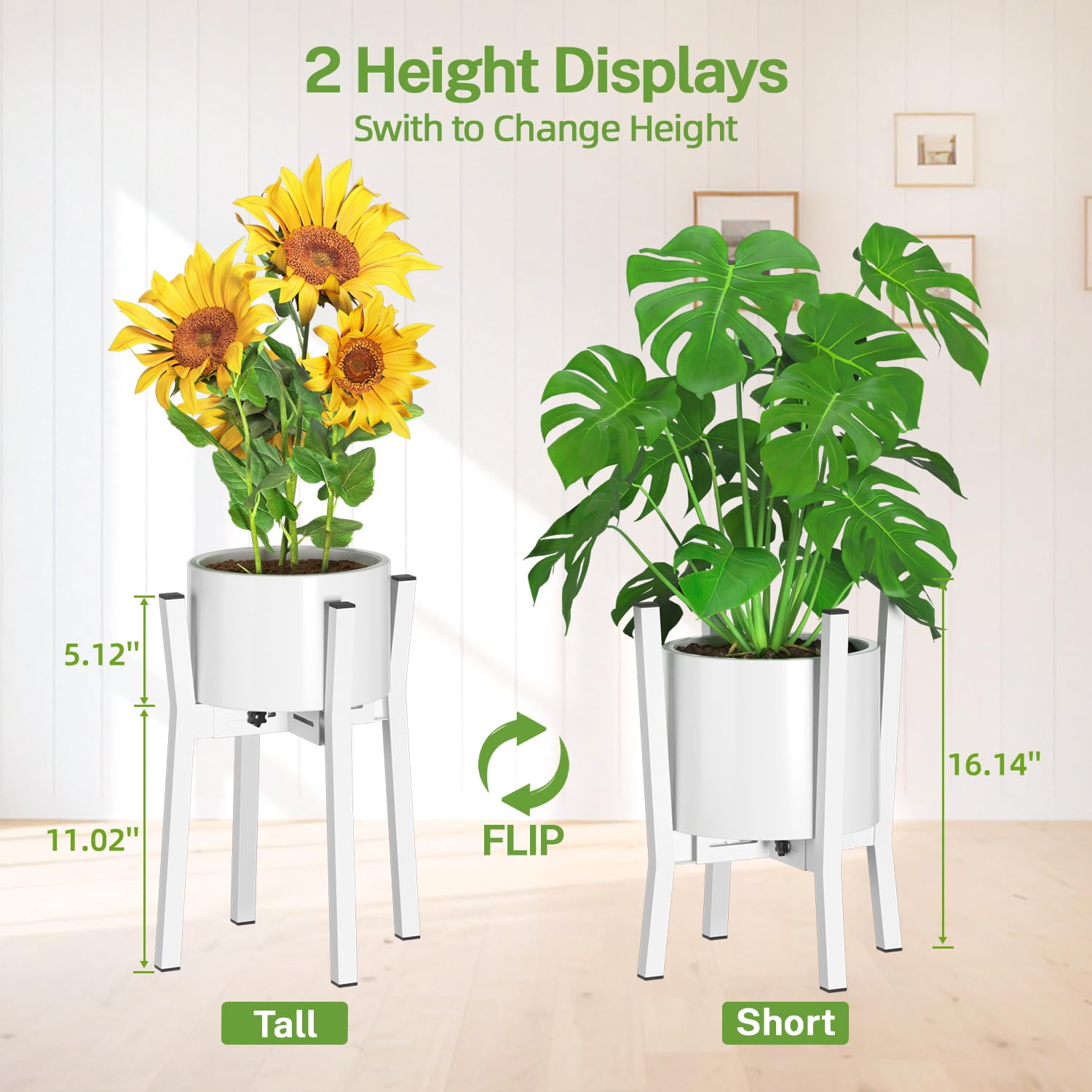 iDavosic.ly Adjustable Plant Pot Stand Indoor Outdoor 2 Pack, Metal Modern Bamboo Short Single Flower Holder Fits 8 to 12 Inch Large Heavy Duty Planter (Not Included) | Whinte and Brown