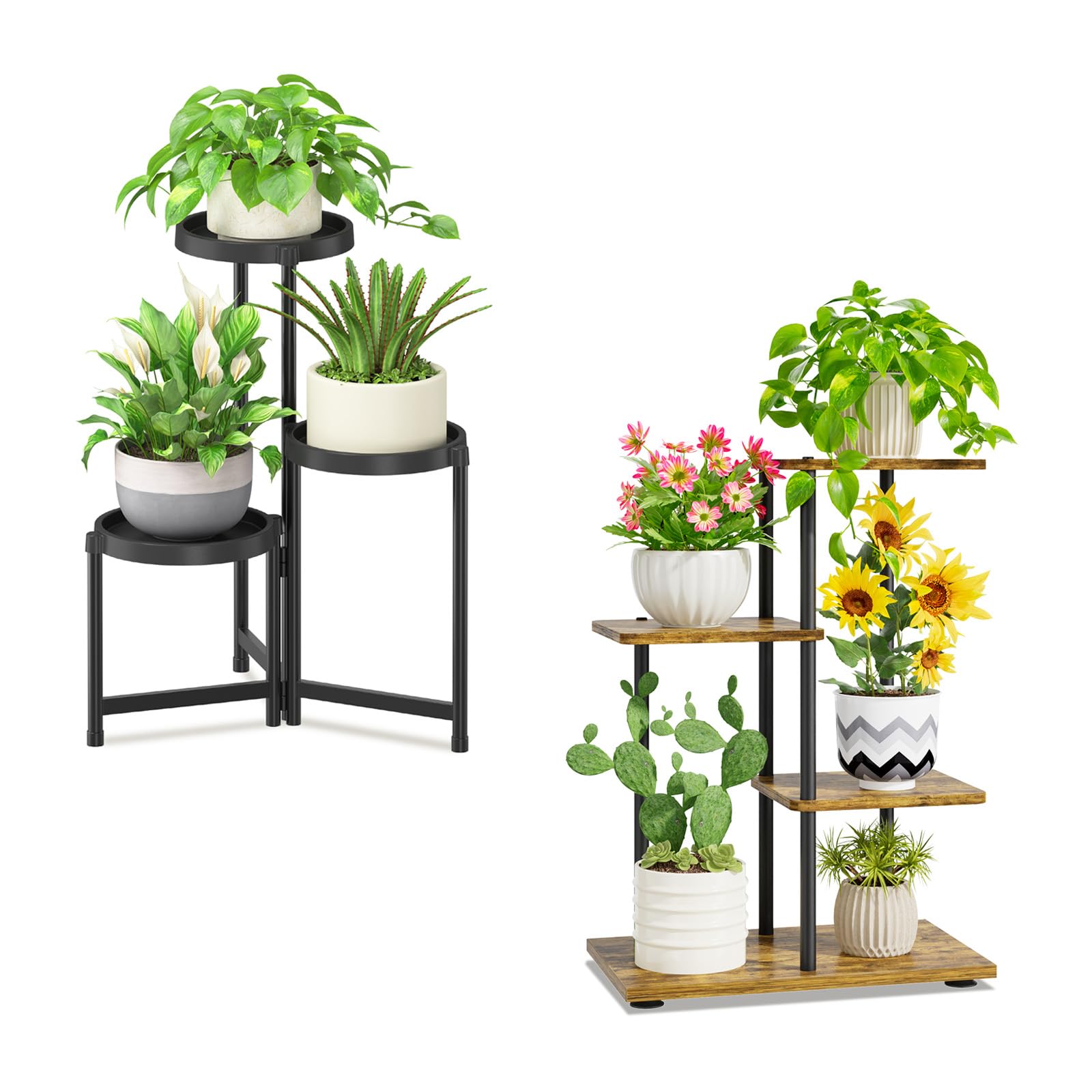 iDavosic.ly Plant Stand Indoor Outdoor Set of 2，3 Tier Folding Corner Flower Holder Shelf and 3 Layer Metal Wood Multiple Orchid Display Rack for Patio Porch Living Room Balcony Outdoor