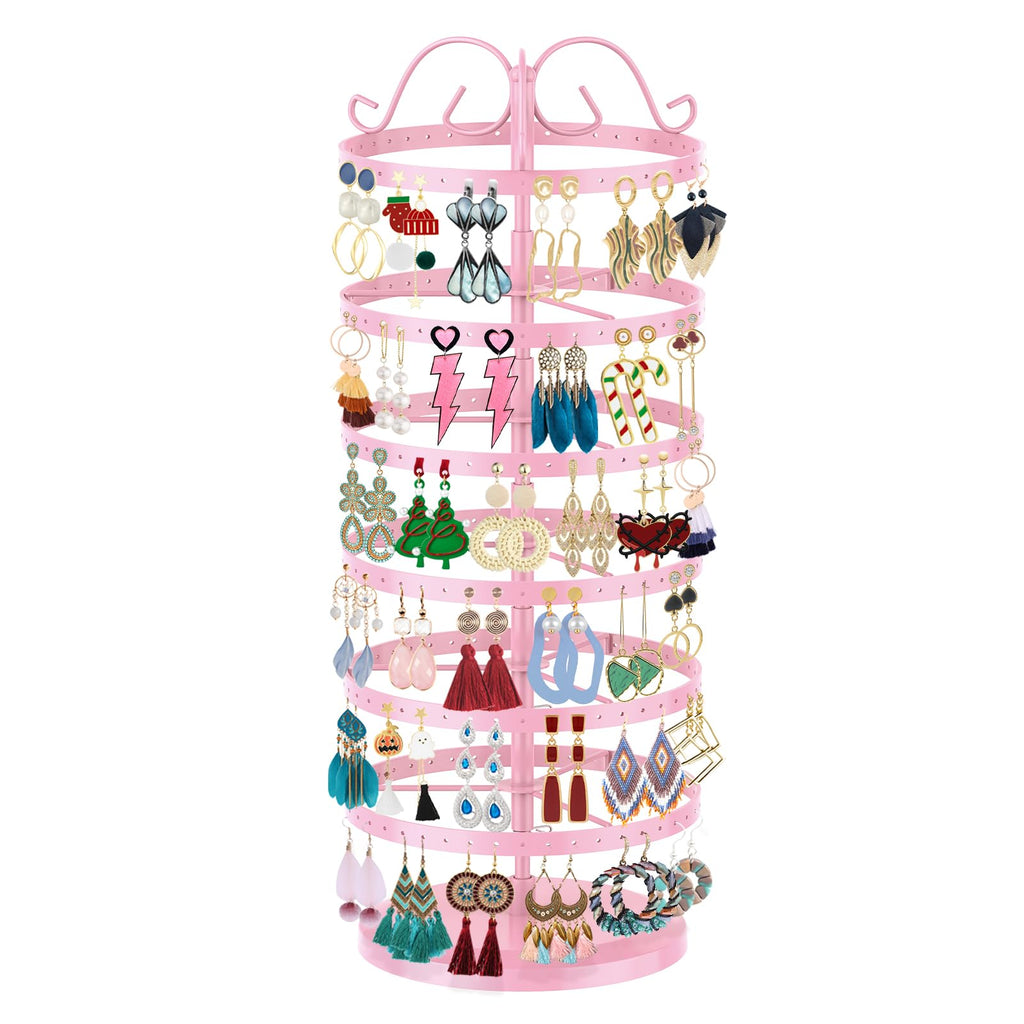 iDavosic.ly 6 Tier Metal Rotating Earring Holder Organizer, 264 Holes Large Stud Storage Display Stands Tree Rack, Adjustable Pierced Hoop Dangle Tower for Women, Pink