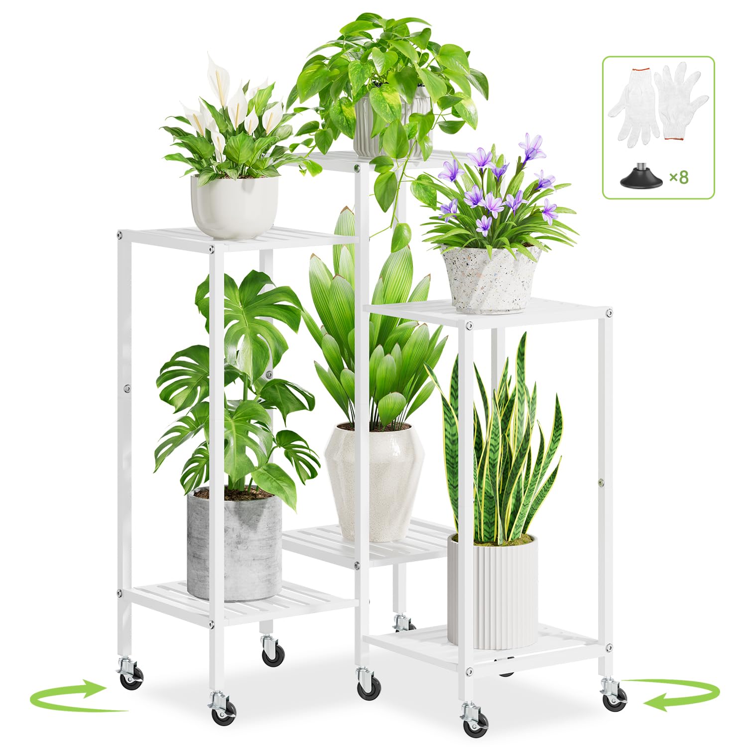 iDavosic.ly 6 Tier Plant Stand Indoor with Wheels, Metal Tiered Corner Flower Holder Shelf Outdoor for Large Pots, Tall Rolling Rack for Patio Porch Garden Balcony Living Room, White
