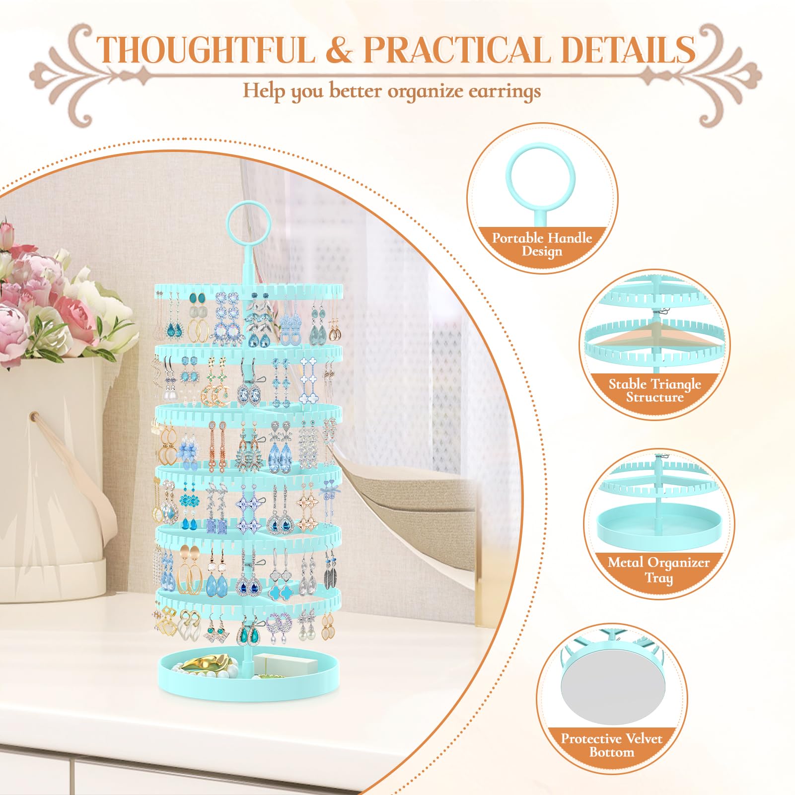 iDavosic.ly 6 Tier Rotating Earring Holder Organizer with Metal Tray, Adjustable Plastic Dangle Display Stands Tree with 342 Grooves, Large Hoop Storage Rack Tower, Blue
