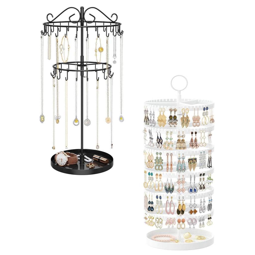 iDavosic.ly 2 Tier Metal Rotating Necklace Holder Organizer and 5 Layer Plastic Adjustable Earring Display Stand Rack, Extra Tall Bracelet Keychain Spinning Tree Tower for Women, Black White