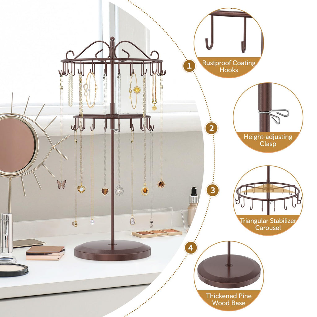 iDavosic.ly 2 Tier Rotating Necklace Holder Organizer with 42 Hooks, Adjustable Metal Bracelet Display Stand Rack, Extra Tall Keychain Spinning Tree Tower for Women, Espresso Brown