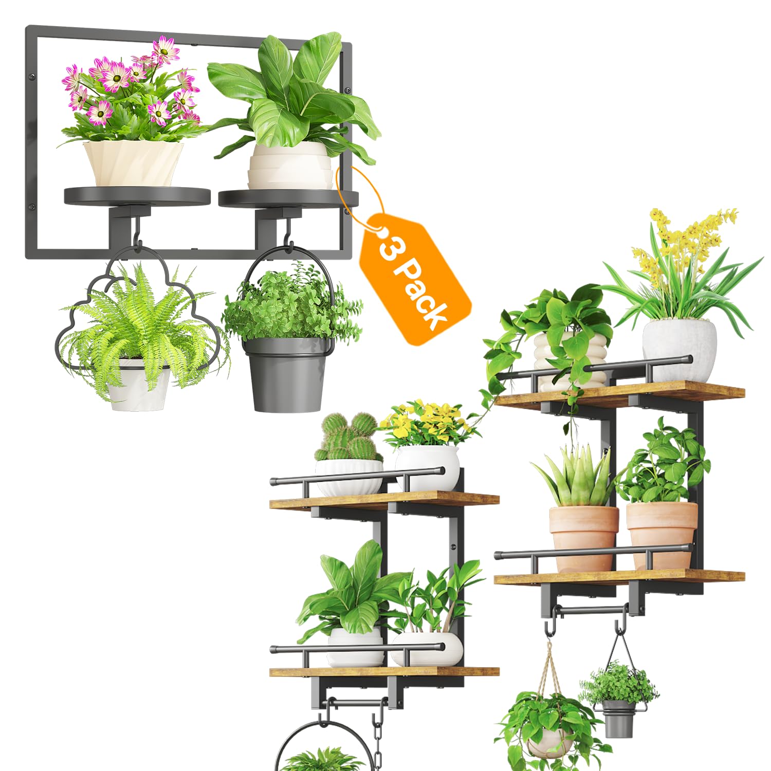 iDavosic.ly Wall Plant Holder Set of 3, 2-Tier Floating Shelves with Hooks, Metal Display Stand for Indoor Outdoor, Picture Frames, Living Room Decor, Space Saving (Pots/Chains/Plants Not Included)