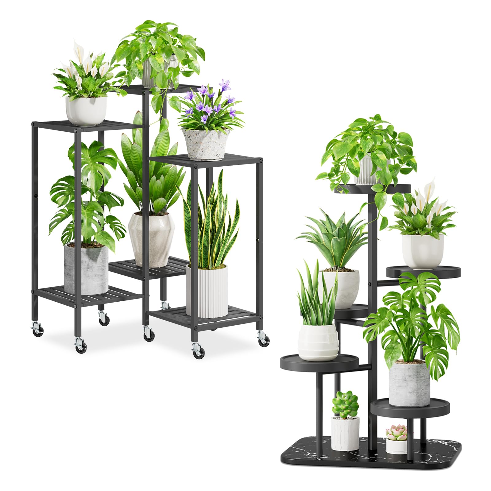 iDavosic.ly Plant Stand for Indoor Outdoor 2 Pack, 6 Tier Flower Holder Shelf with Wheels and 5 Layer Metal Plastic Tall Orchid Display Rack for Patio Porch Living Room Garden Balcony, Black