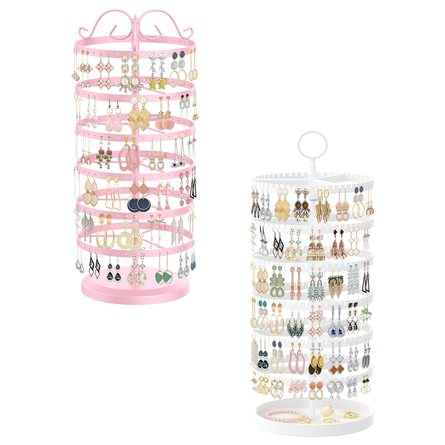 iDavosic.ly 6 Tier Rotating Earring Holder Organizer Set of 2, Metal Large Stud Storage Stand, Adjustable Plastic Dangle Hoop Display Rack Tower with Tray for Women, Pink White