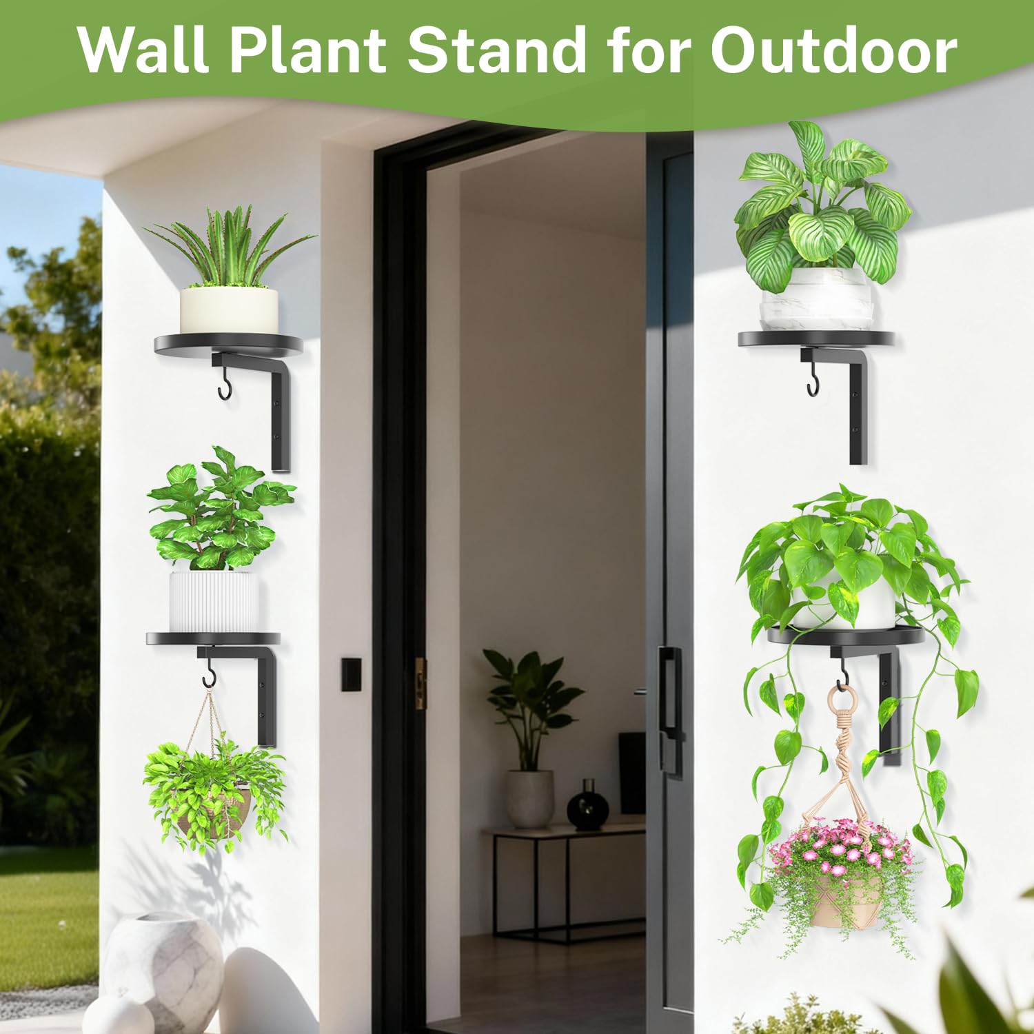 iDavosic.ly Wall Plant Holder Set of 4 for Indoor Outdoor, Metal Hanger with 4 Hooks, Floating Flower Display Stand for Window, Space Saving & Easy to Assemble (Pots/Chains/Plants Not Included)
