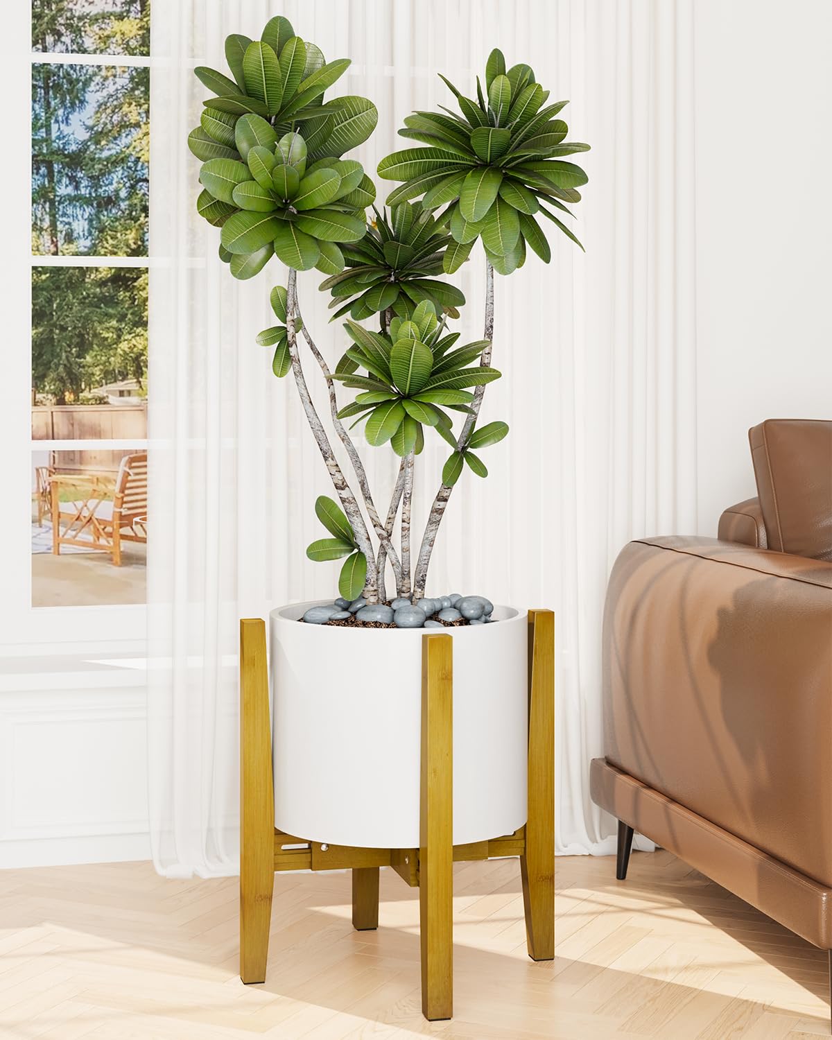 iDavosic.ly Adjustable Plant Pot Stand Indoor Outdoor, Mid Century Modern Bamboo Short Single Flower Holder Fits 8 to 12 Inch Large Heavy Duty Planter (Not Included) | Brown