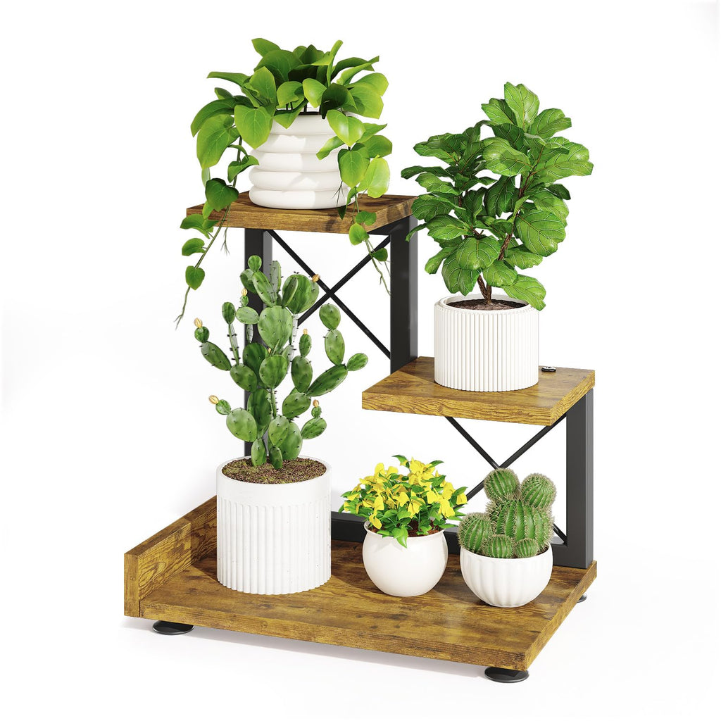 iDavosic.ly Small Table Top Plant Stand, 3 Tier Succulent & Flower Pot Holder for Desktop, Space-Saving Countertop Organizer Shelf for Office and Home Decor, Black Brown